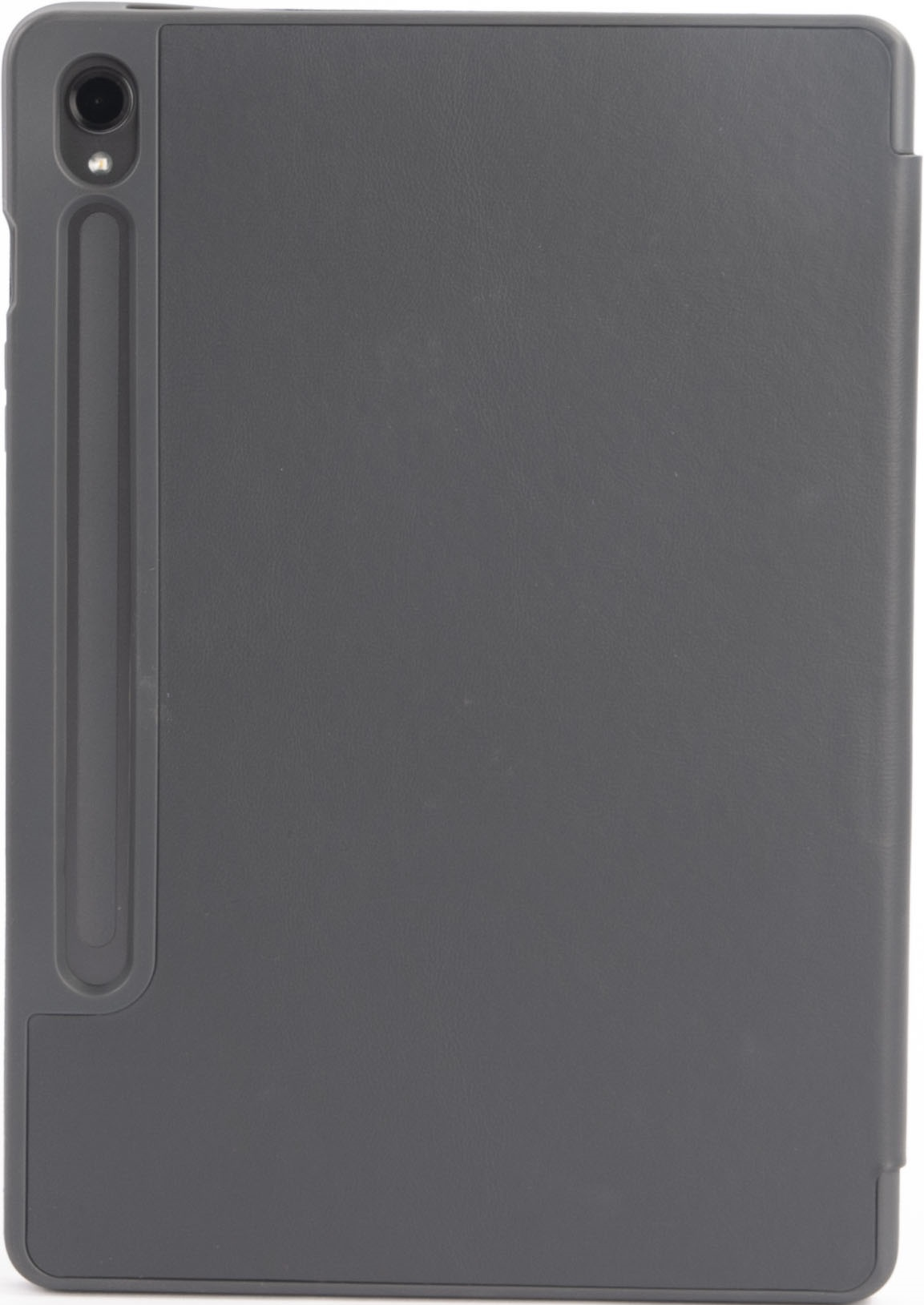 Custodia grigia per tablet. Presenta fotocamera, slot per stilo e texture liscia. Sfondo bianco.