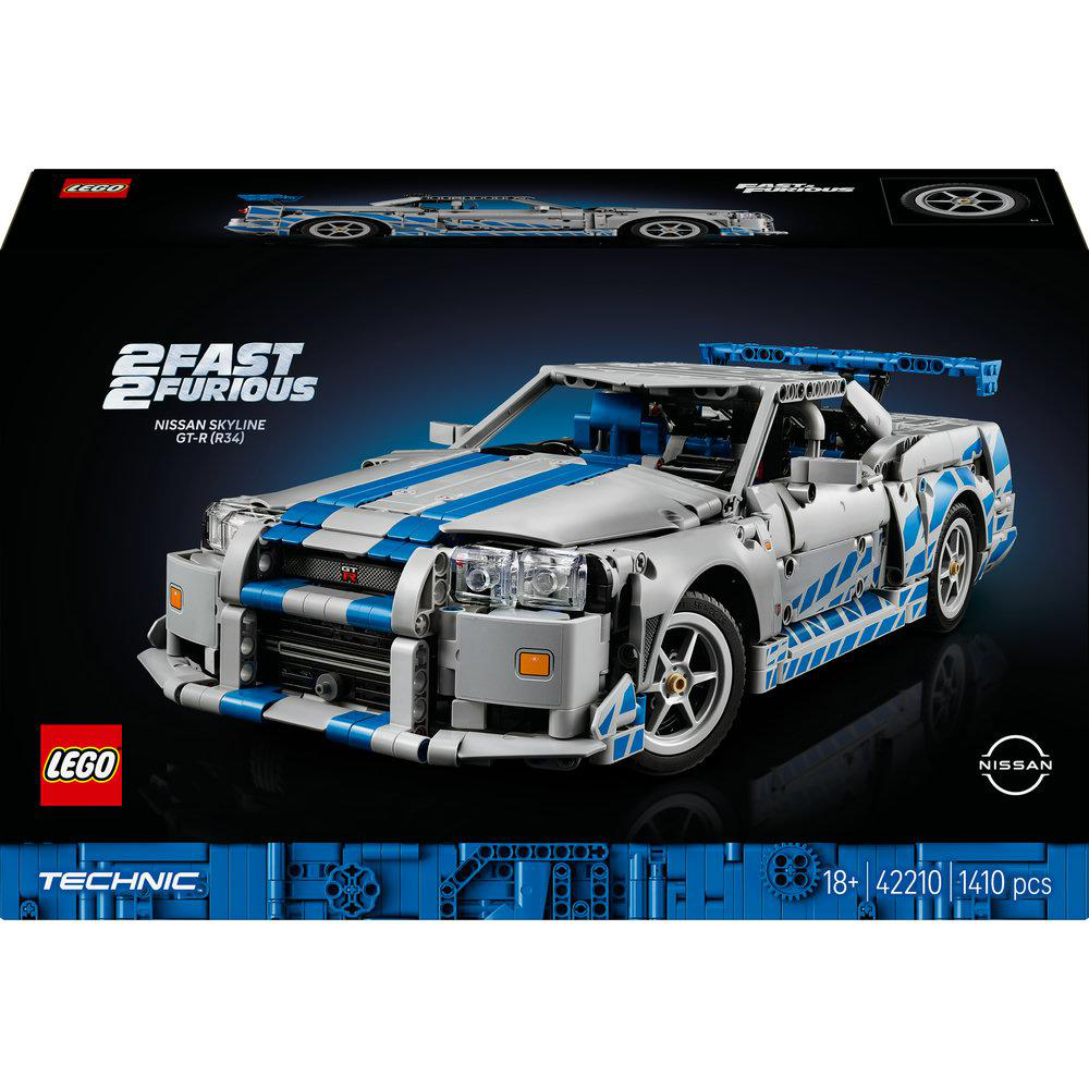 Lego Fast & Furious Automodell und Box. Auto ist grau und blau. Weißer Hintergrund.