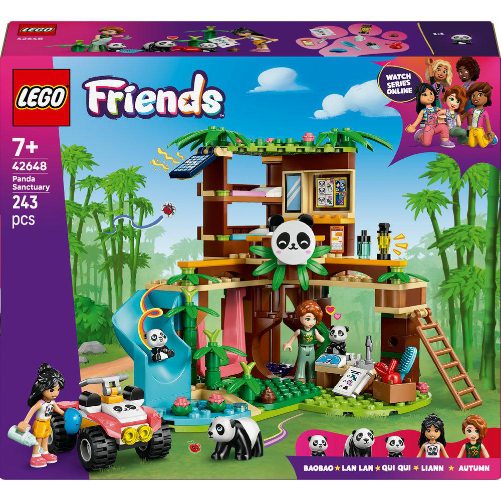 LEGO Friends Setbox und Modell. Panda-Schutzgebiet mit Figuren, Rutsche und ATV.