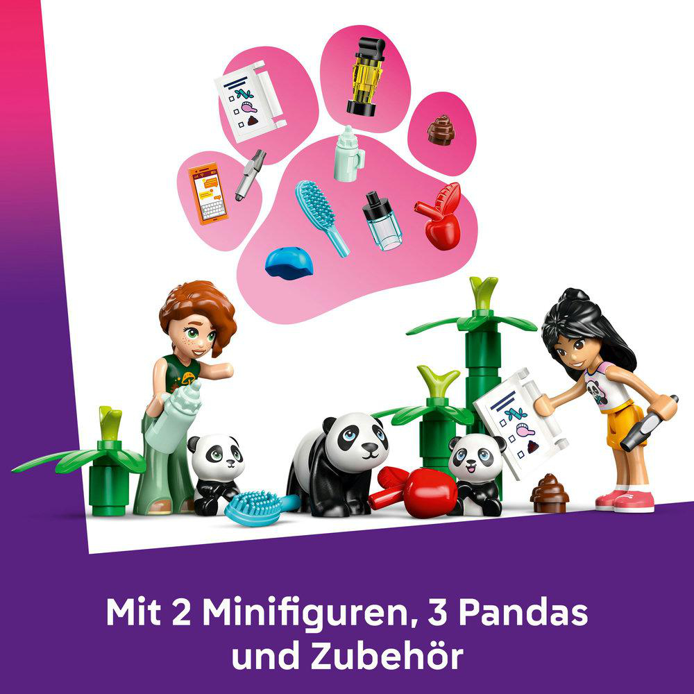 LEGO-Set mit Figuren, Pandas und Zubehör. Text: Mit 2 Minifiguren, 3 Pandas und Zubehör.