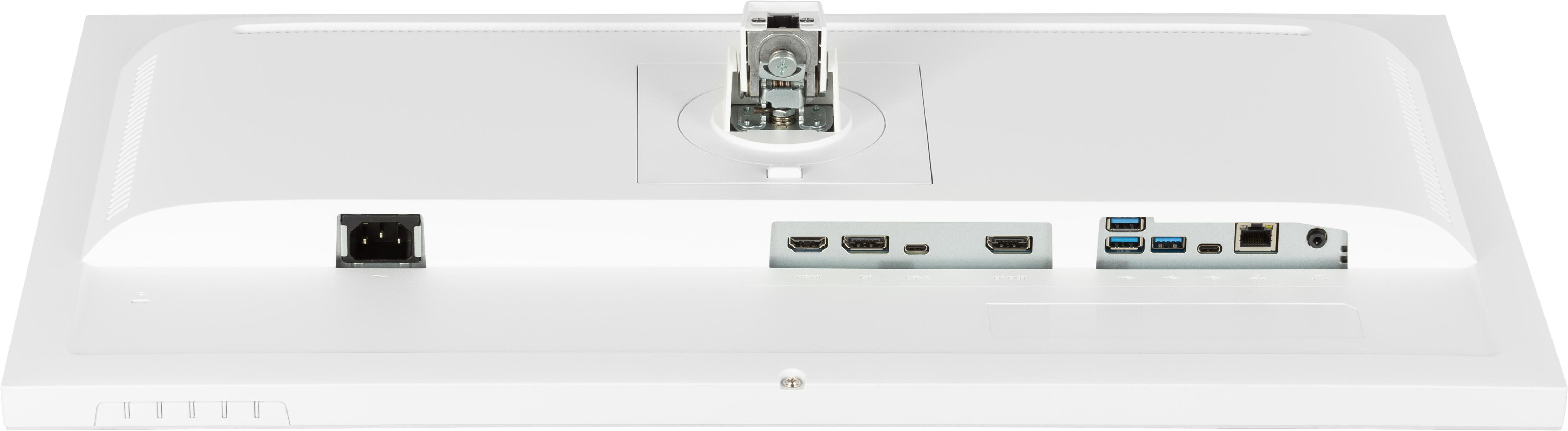 Rückseite eines weißen Computermonitors mit Anschlüssen. Das Iiyama-Logo ist sichtbar.