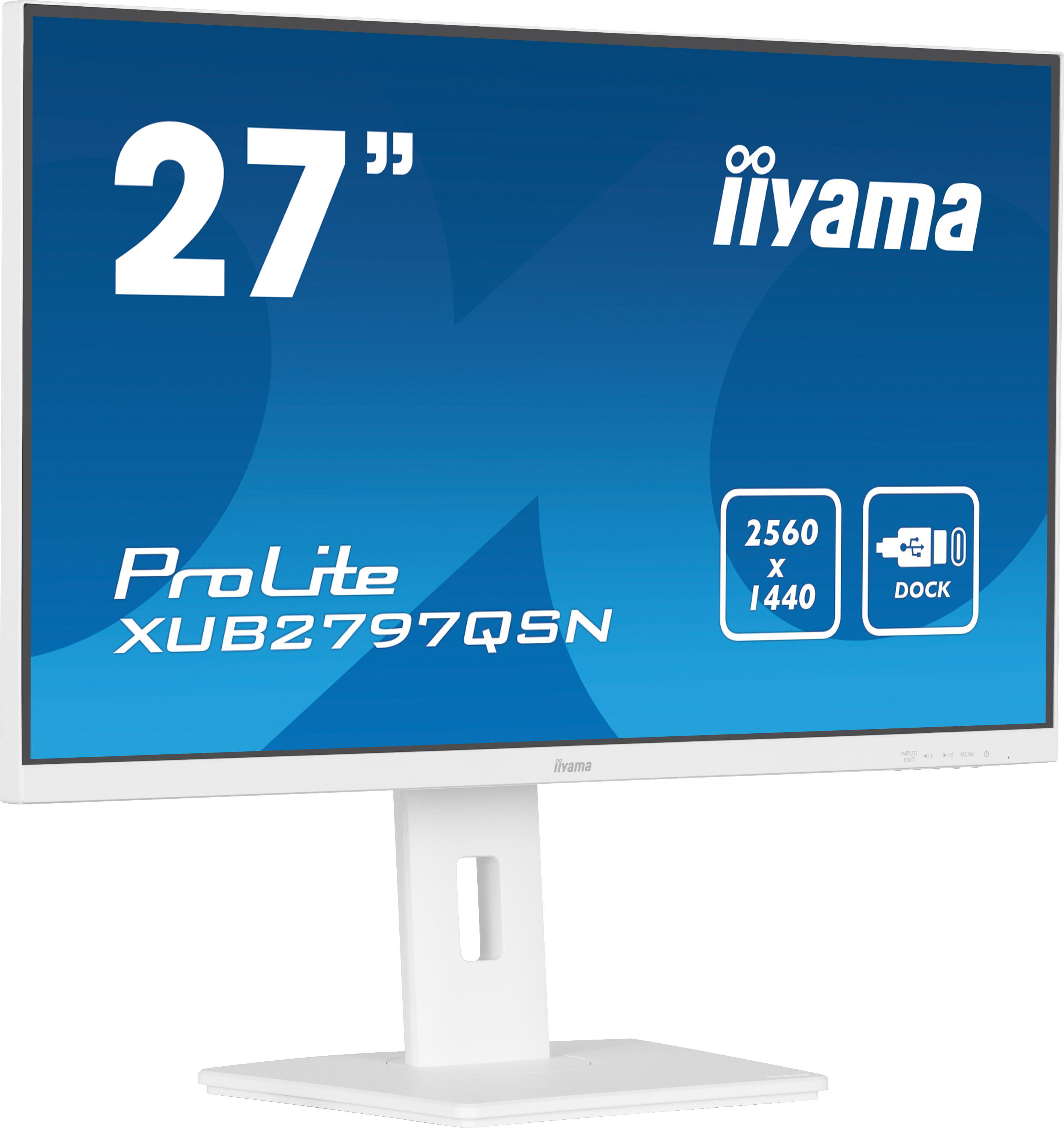 Weißer Computermonitor mit Iiyama-Logo und Monitordetails, 27 Zoll Display.