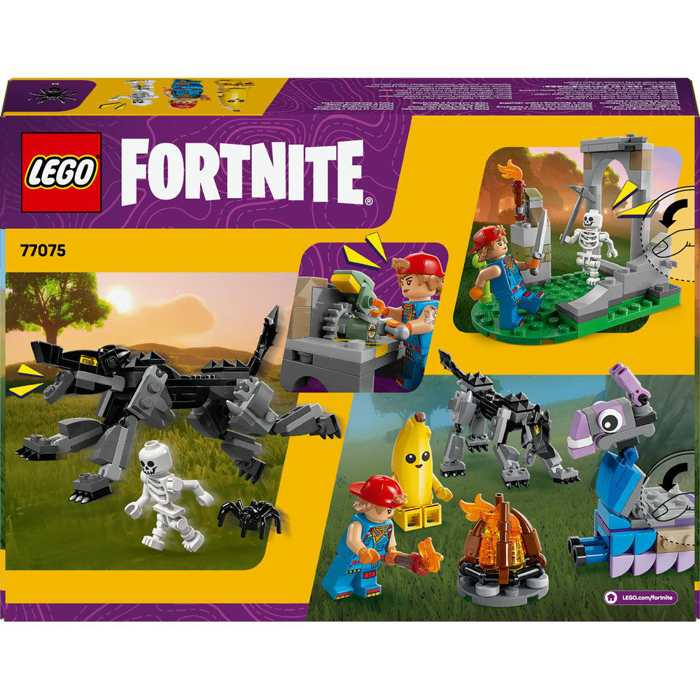 LEGO Fortnite Box-Art mit verschiedenen Figuren und Strukturen, darunter ein Wolf, ein Skelett und eine Banane.