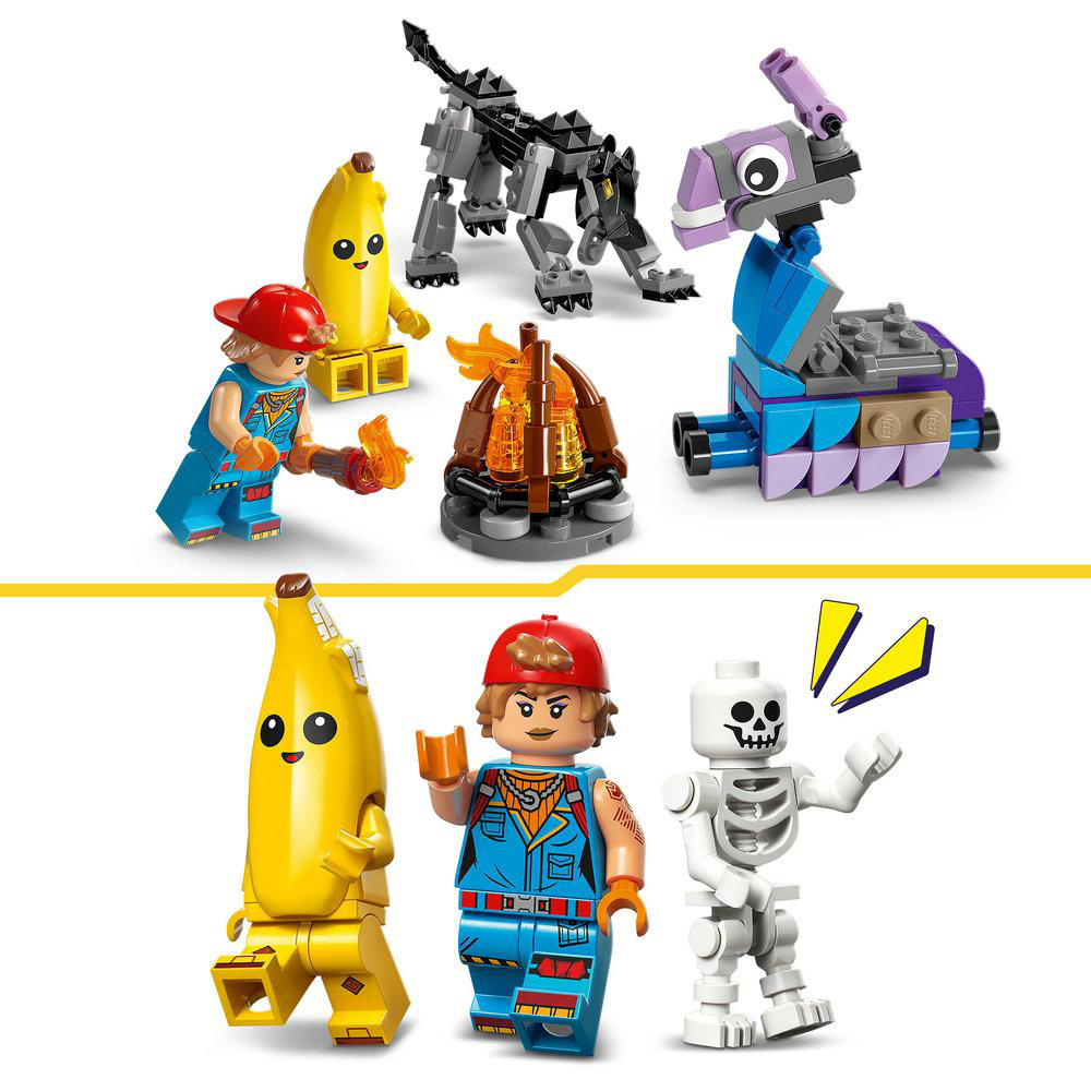 LEGO Fortnite-Szene: Figuren von Banane, Wolf und Skelett. Außerdem ein Lagerfeuer, ein Junge und Lamas.