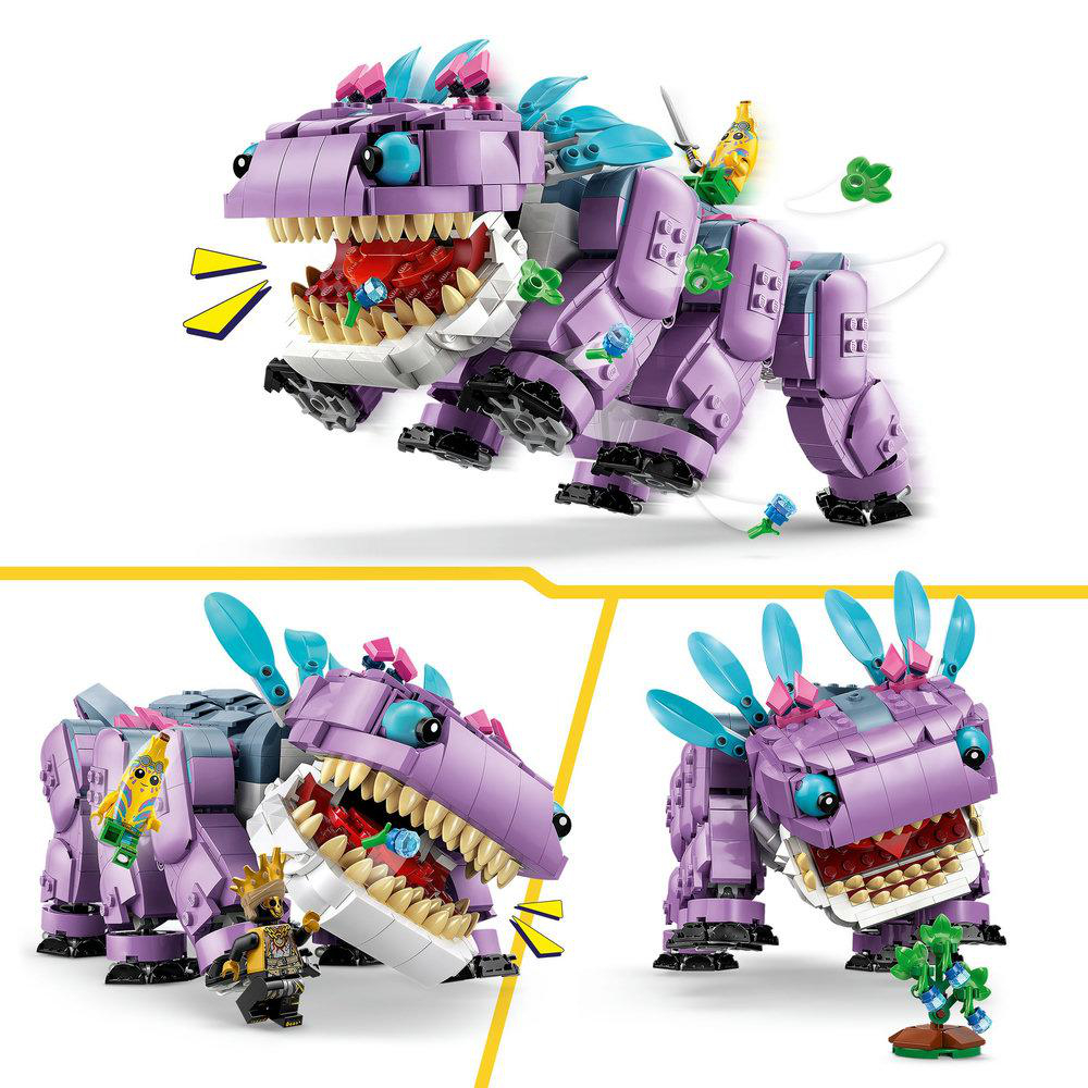 LEGO-Set: lila Dinosaurier, Minifiguren, Bananenfigur und eine Spinne. Mehrere Bilder des Sets.