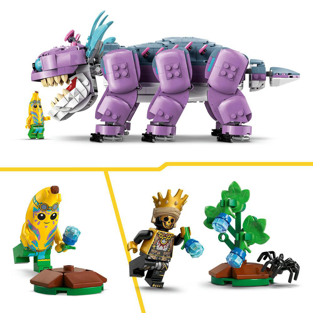 LEGO-Set: lila Dinosaurier, eine Bananenfigur und Minifiguren. Eine andere Szene zeigt Banane und Spinnenfiguren.