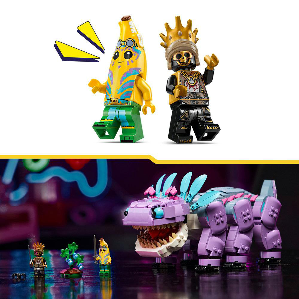 LEGO Fortnite: Bananenfigur, Skelettfigur und eine Figur mit Krone. Alles auf weißem Hintergrund.