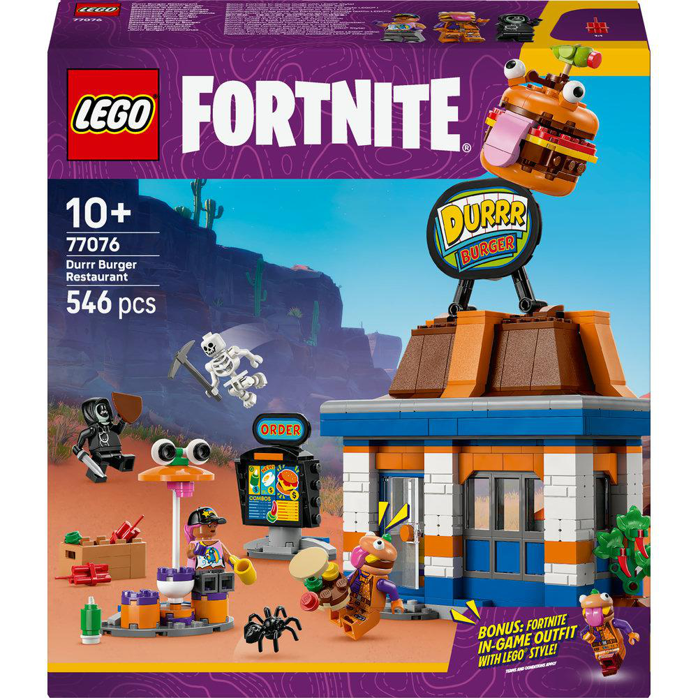 Lego Fortnite Durrr Burger Set. Enthält Restaurant, Charaktere, Zubehör und einen großen Burger. Box-Art zeigt das zusammengesetzte Set.