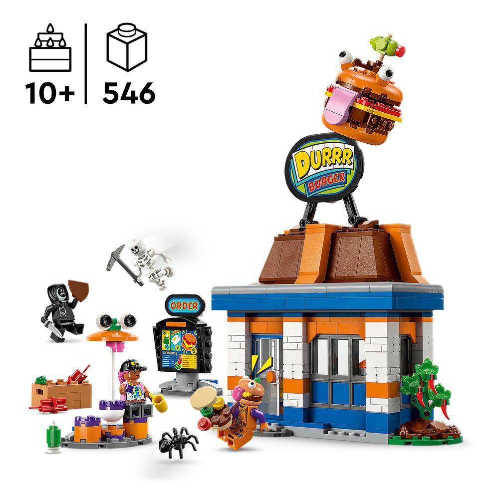 Lego Fortnite Durrr Burger Set. Das Set zeigt ein Restaurant, Charaktere und Zubehör, mit einem großen Burger darüber.