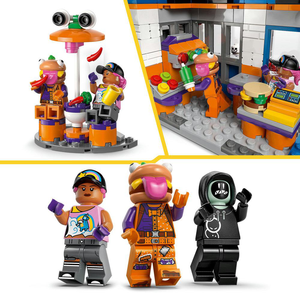 Nahaufnahmen von Lego Fortnite Durrr Burger Charakteren und Szenenkomponenten. Enthält Charaktere und das Restaurant.