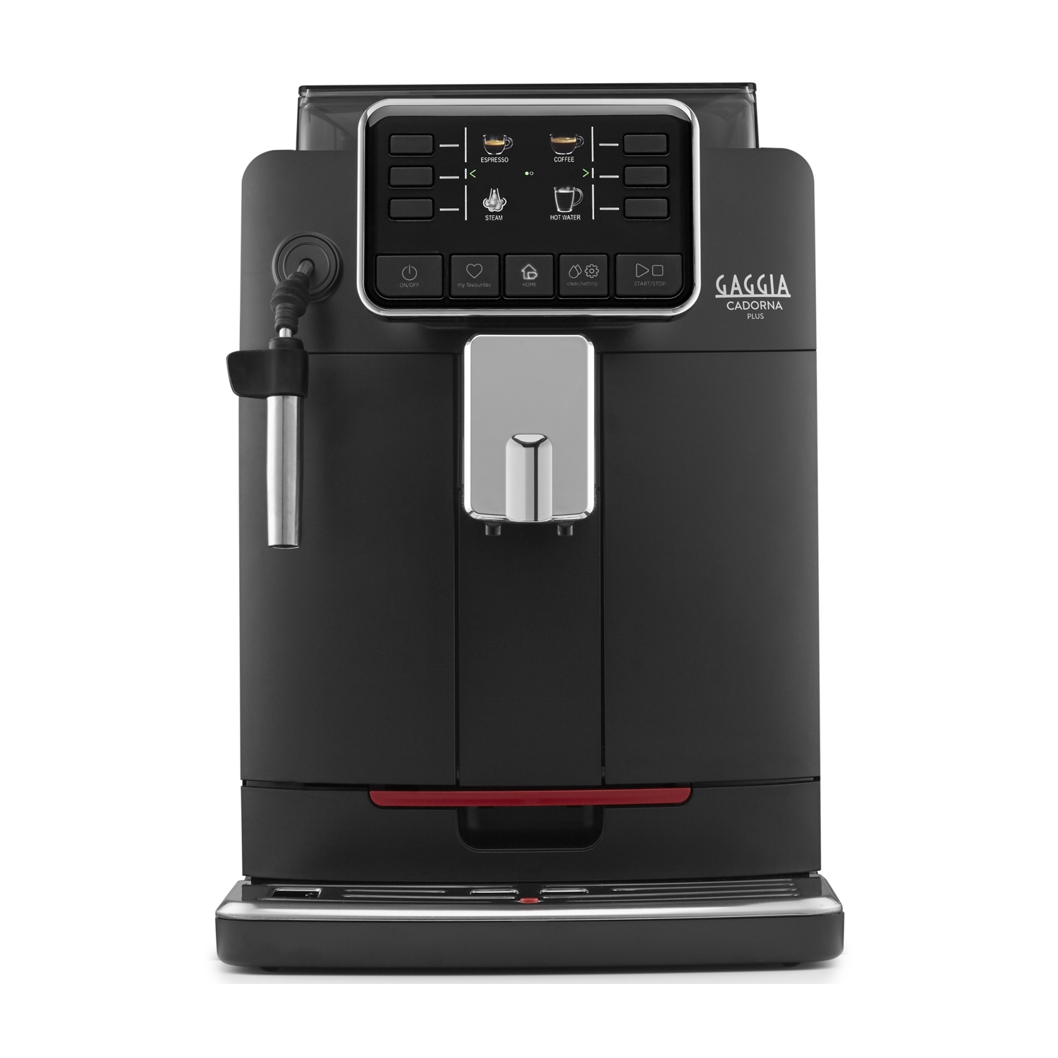 Macchina da caffè Gaggia Cadorna Plus nera con pannello di controllo e pulsanti.