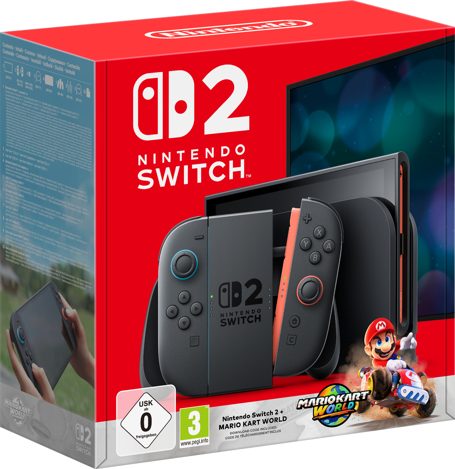 Nintendo Switch Box, Konsole und Controller. Rotes und blaues Farbschema, Mario Kart World Grafik.
