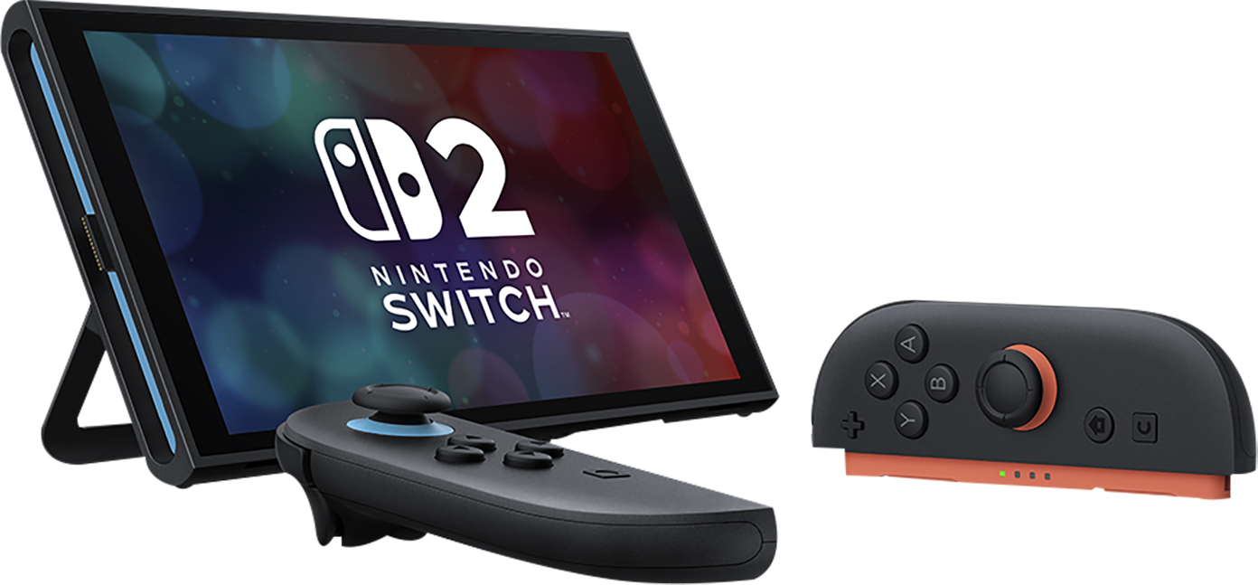 Nintendo Switch Konsole und Controller. Schwarz-oranges Farbschema, abgewinkelt, schwarzer Hintergrund.