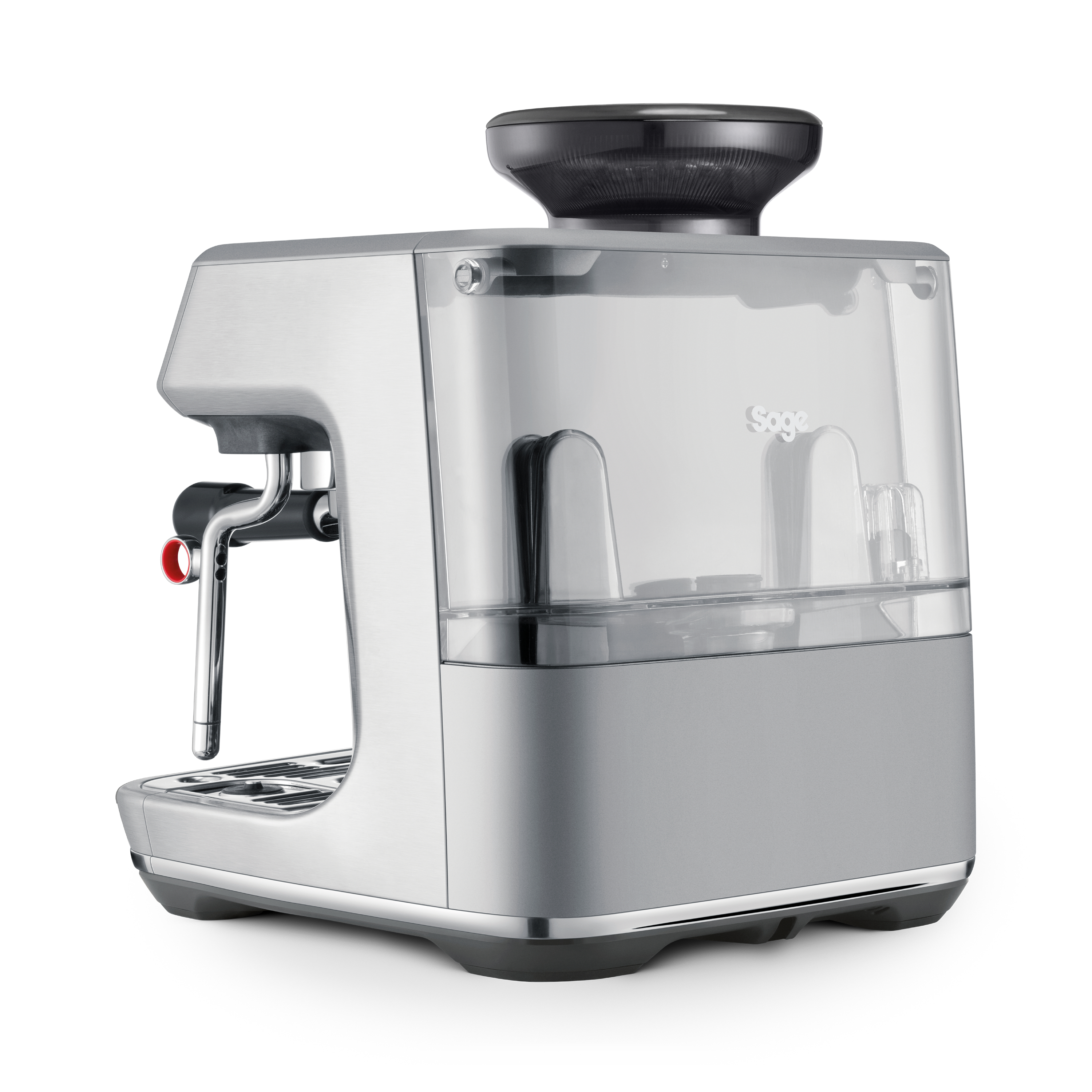 Espressomaschine, Seitenansicht, transparenter Wassertank. Silbernes Gehäuse, schwarze Akzente.