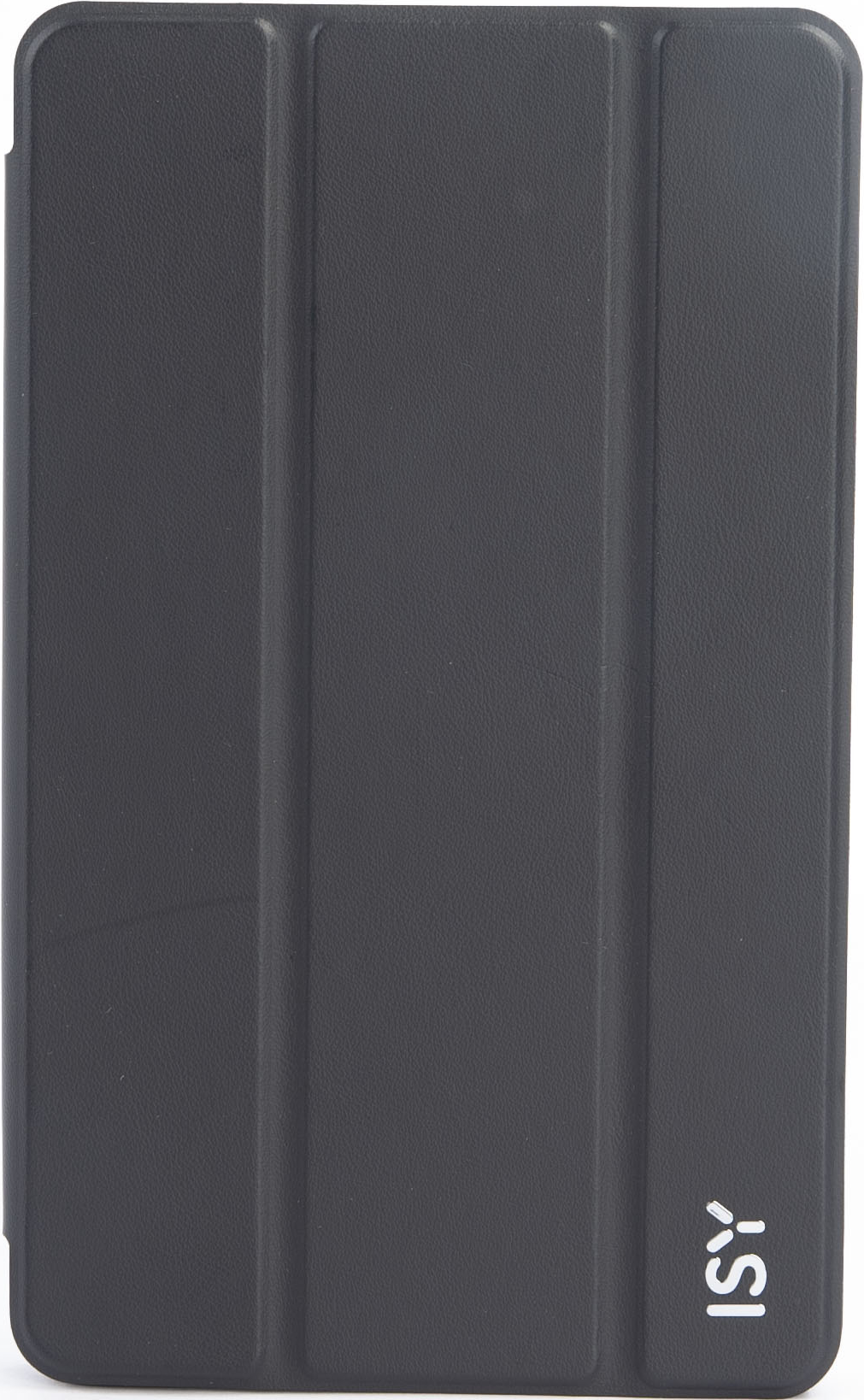 Custodia per tablet nera chiusa con linee verticali, logo ISY in basso a destra.