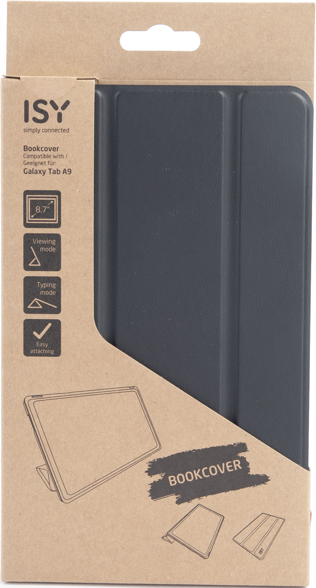 Confezione della custodia per tablet con grafica del tablet, testo e marchio ISY.