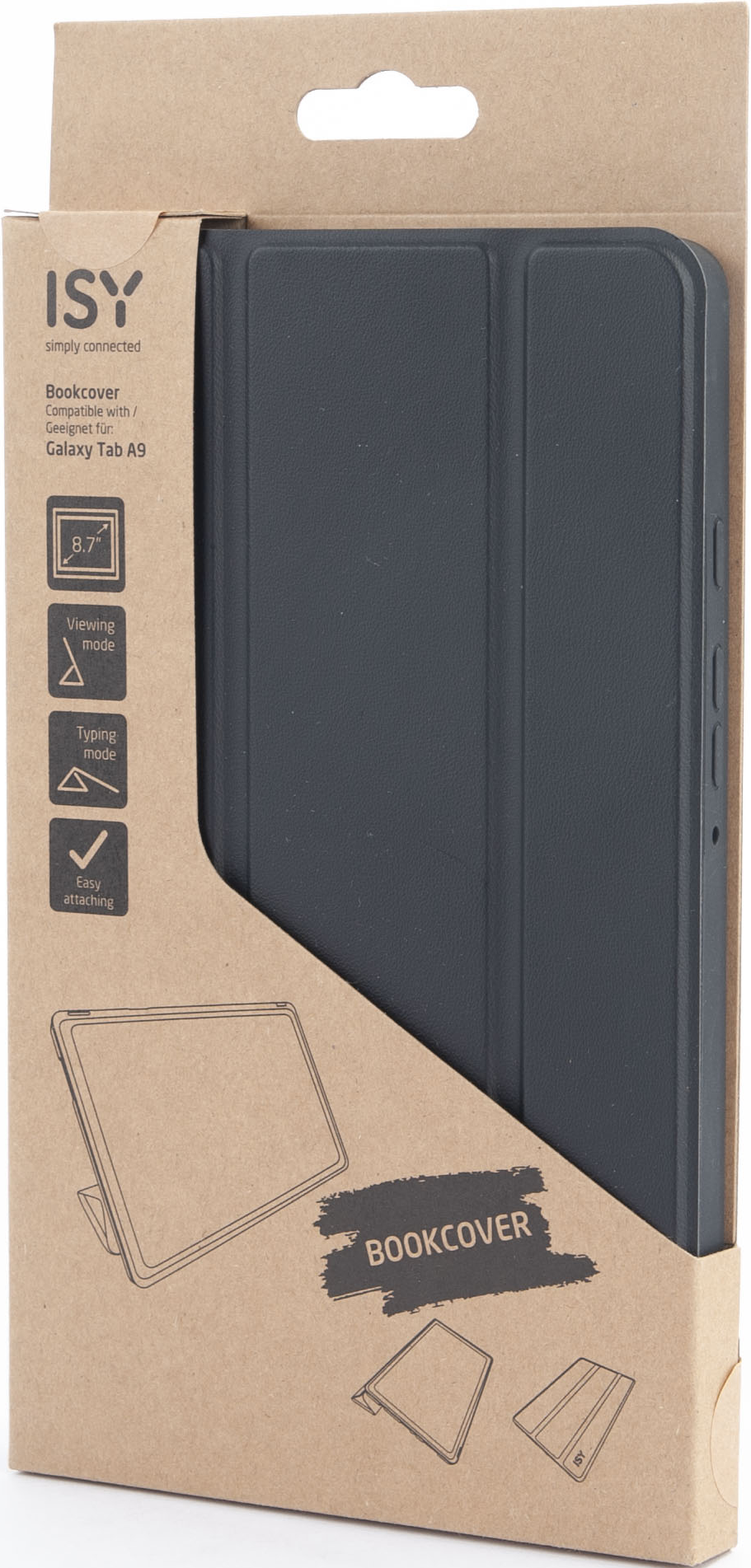 Confezione della custodia per tablet con grafica del tablet, testo e marchio ISY, vista angolata.