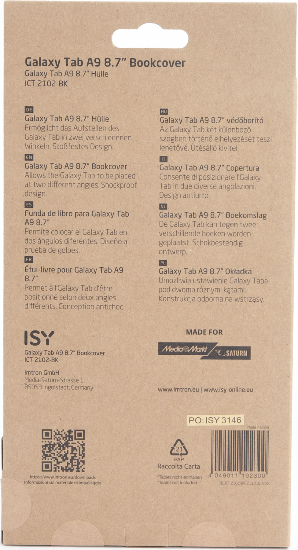 Confezione della custodia per tablet con testo in più lingue, informazioni e marchio.
