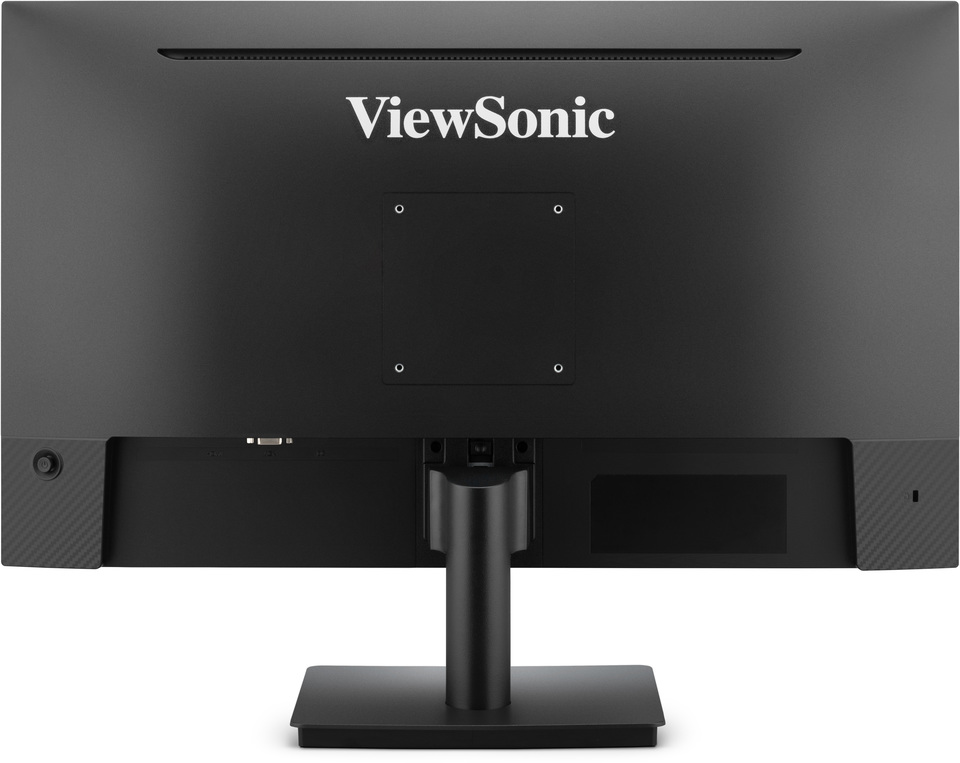Fekete ViewSonic monitor hátulja. Portok és állvány látható. ViewSonic logó középen felül.