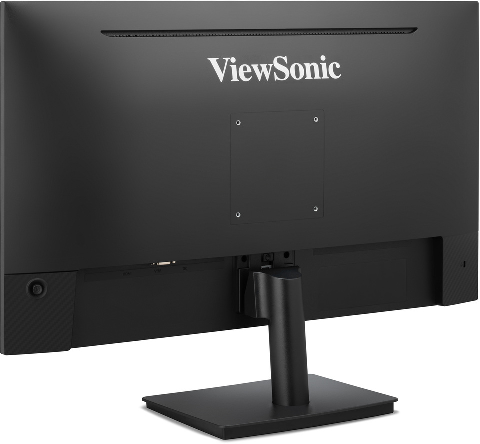Fekete ViewSonic monitor hátulja. A ViewSonic logó felül. A portok és az állvány láthatók.
