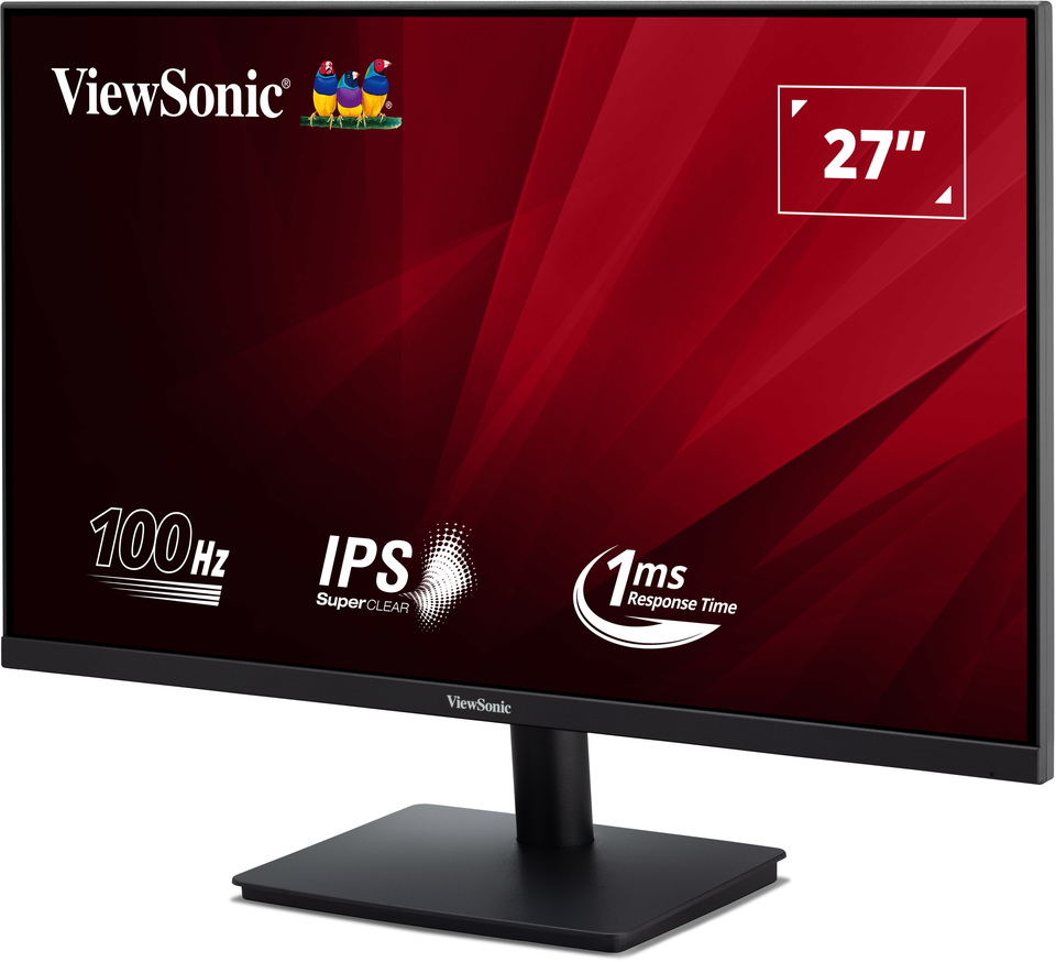 ViewSonic monitor, fekete, piros háttérrel, 27", 100Hz, IPS SuperClear, 1ms válaszidő. Fekete állvány.