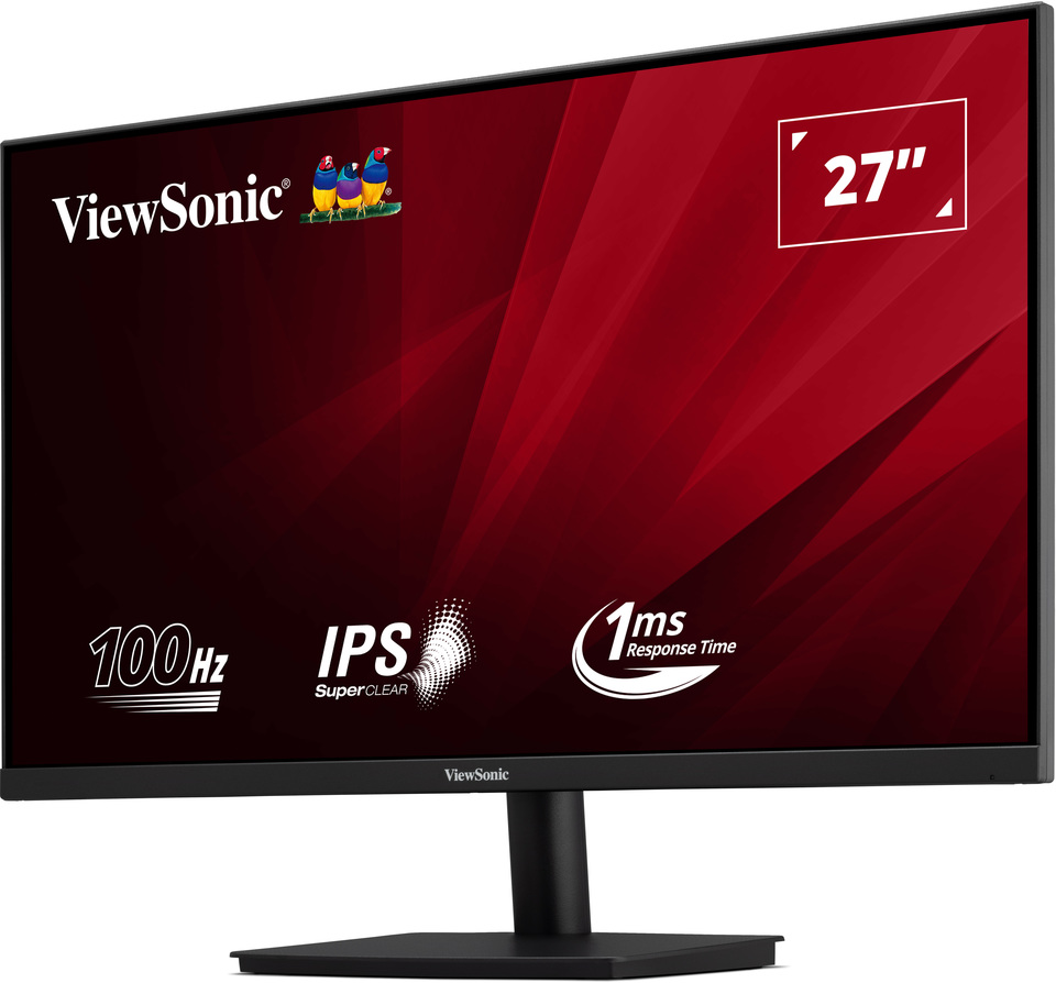 Fekete ViewSonic monitor hátulja. Portok, állvány és egy négyzet alakú tartó látható.