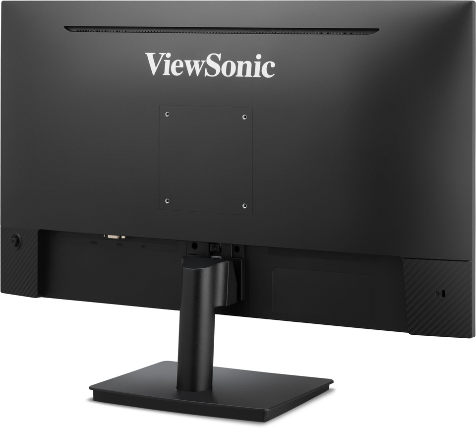 Egy fekete ViewSonic monitor hátulja. A ViewSonic logó felül van. Portok és állvány látható.