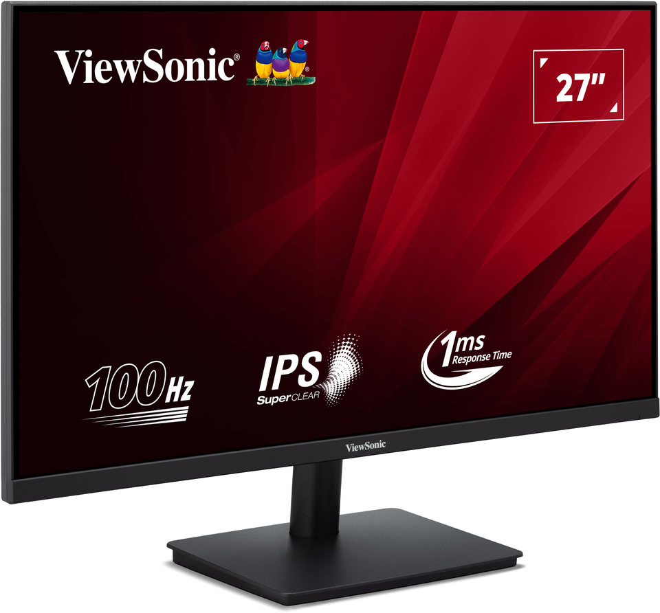 ViewSonic monitor, fekete, piros háttérrel, 27", 100Hz, IPS SuperClear, 1ms válaszidő. Fekete állvány.