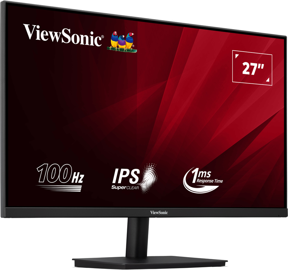 ViewSonic monitor, fekete, piros háttérrel, 27", 100Hz, IPS SuperClear, 1ms válaszidő. Fekete állvány.