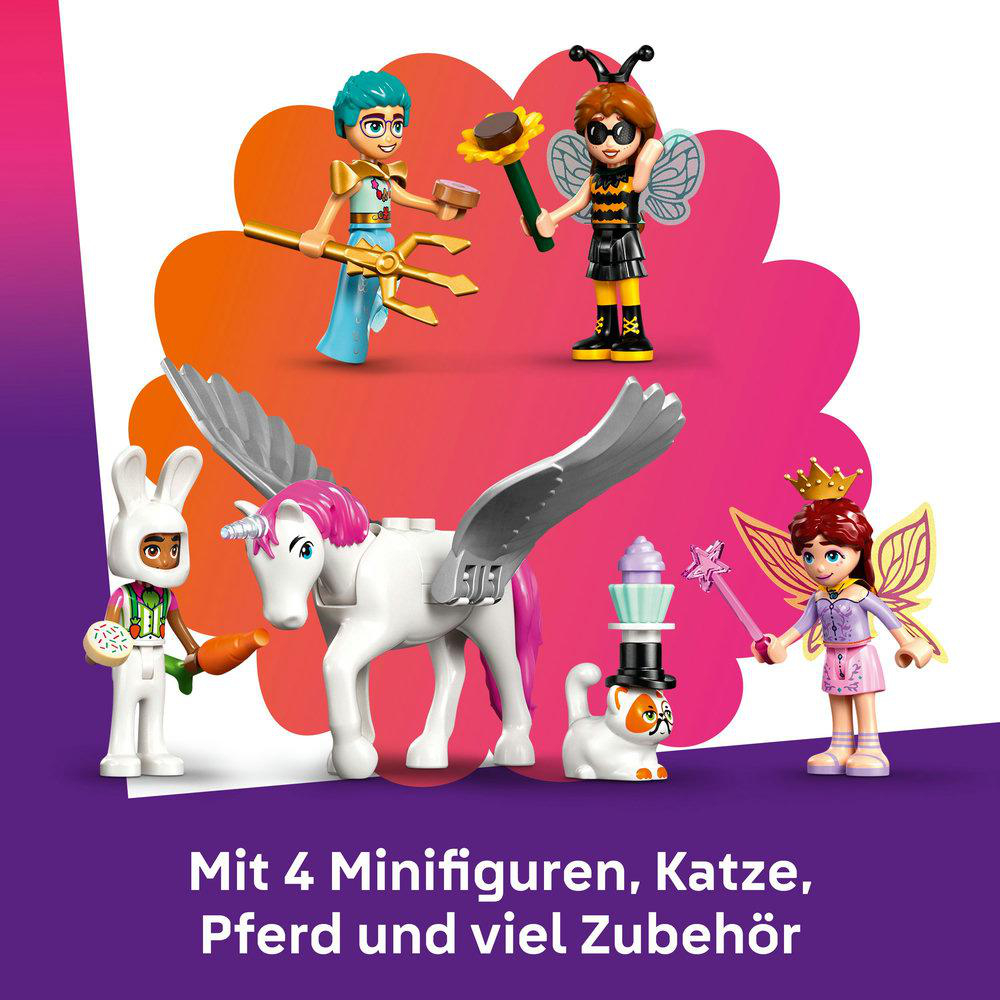 Kinderhände bauen LEGO-Set auf blauem Tisch zusammen.