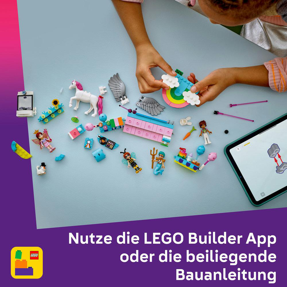 LEGO Friends Set-Box und die zusammengebaute Kostümparty-Szene.