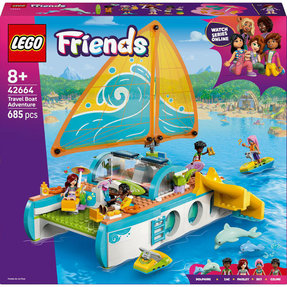 Eine Lego Friends Boot-Set-Box und das zusammengebaute Boot mit Figuren, Segel und Zubehör.