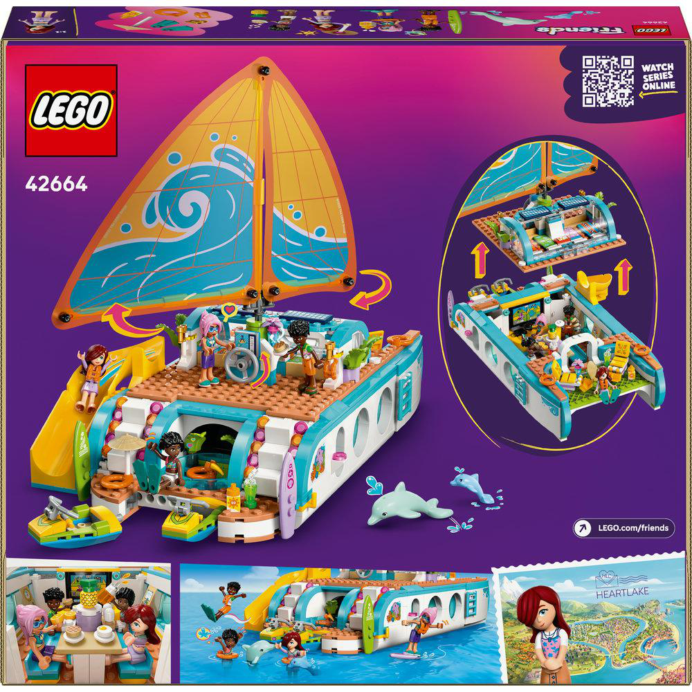 Lego Friends Boot-Set mit Figuren, Rutsche, Delfinen und einer detaillierten Innenansicht.