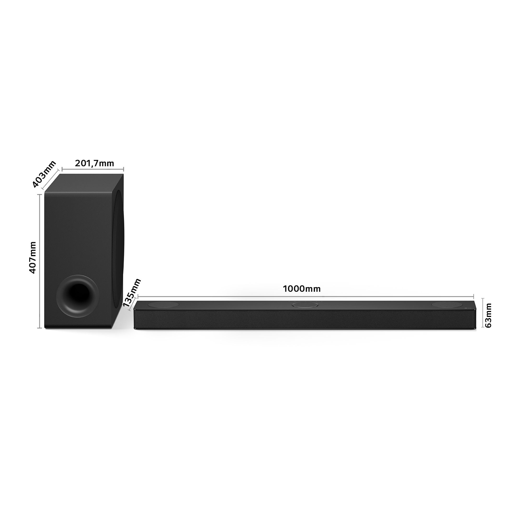 Barra de sonido y subwoofer negros. Se muestran las dimensiones: 1000 mm de largo, 407 mm de alto y 135 mm de profundidad.