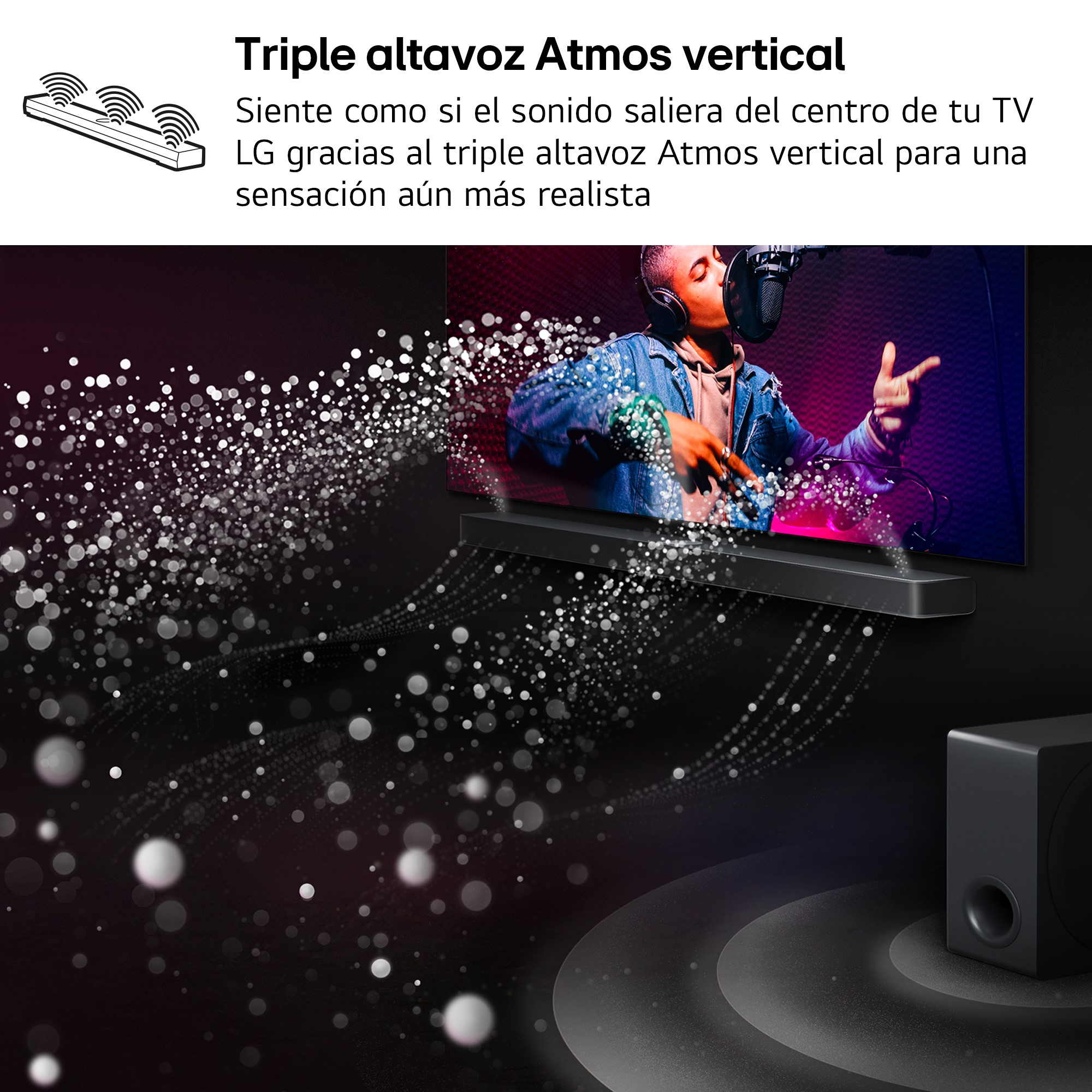 Una persona canta en un micrófono en un escenario. Las ondas sonoras emanan del televisor.