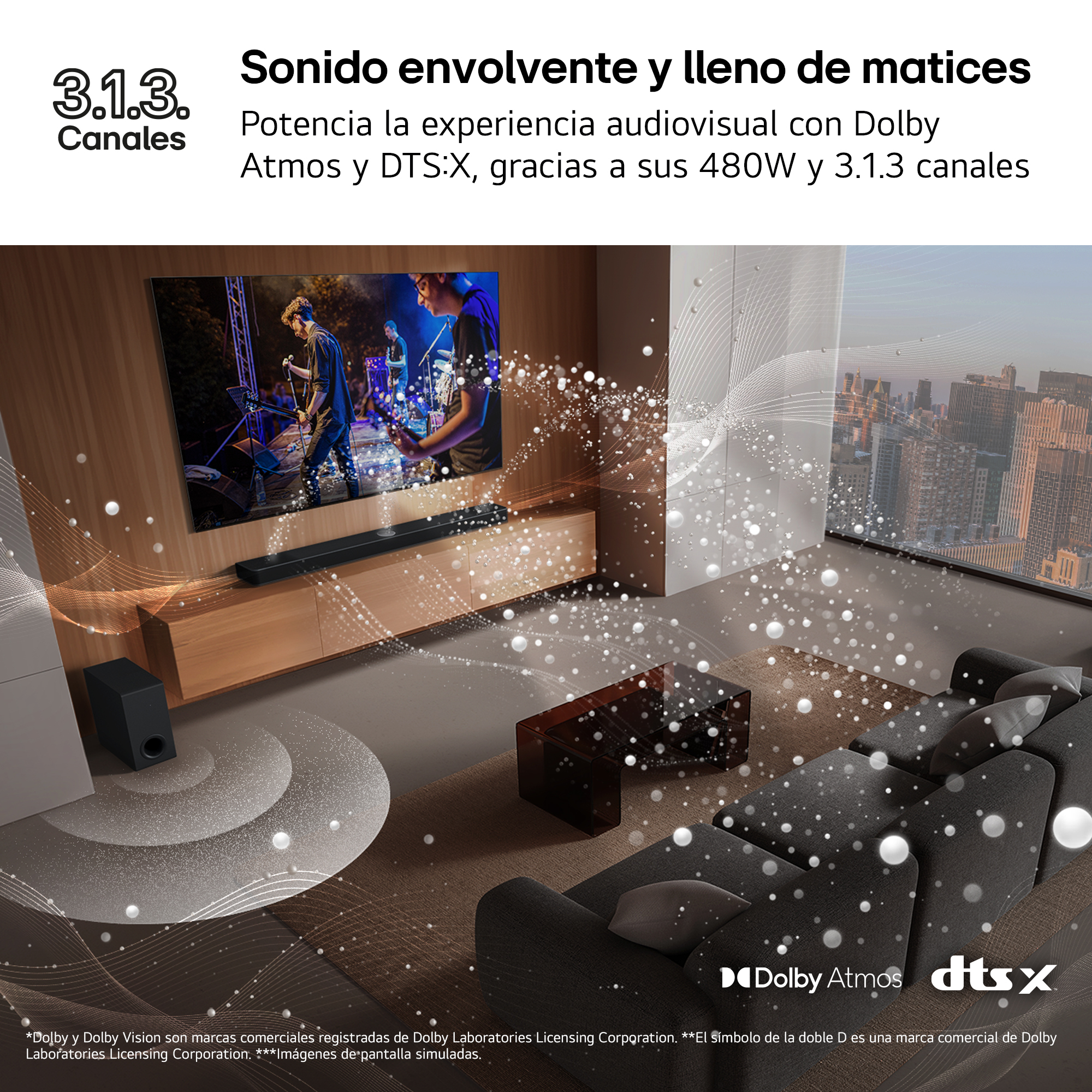 Una banda actuando en un televisor. Las ondas sonoras emanan de una barra de sonido y del televisor.