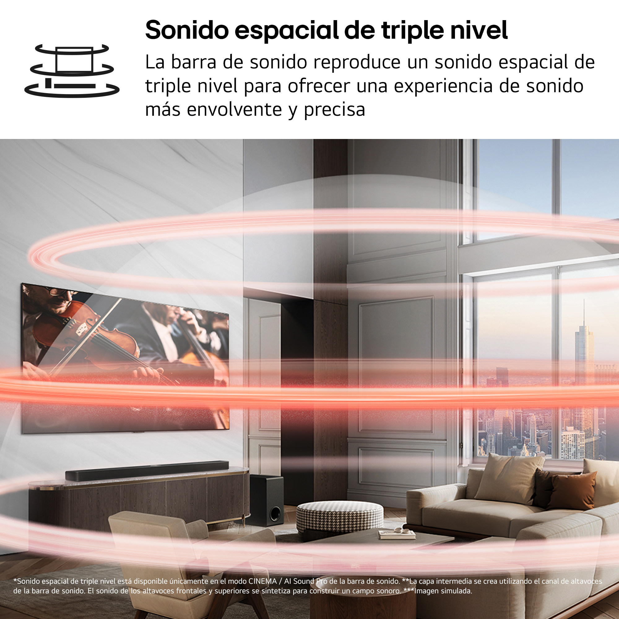 Un violín se toca en la pantalla de un televisor. Se muestran ondas sonoras que emanan del televisor.