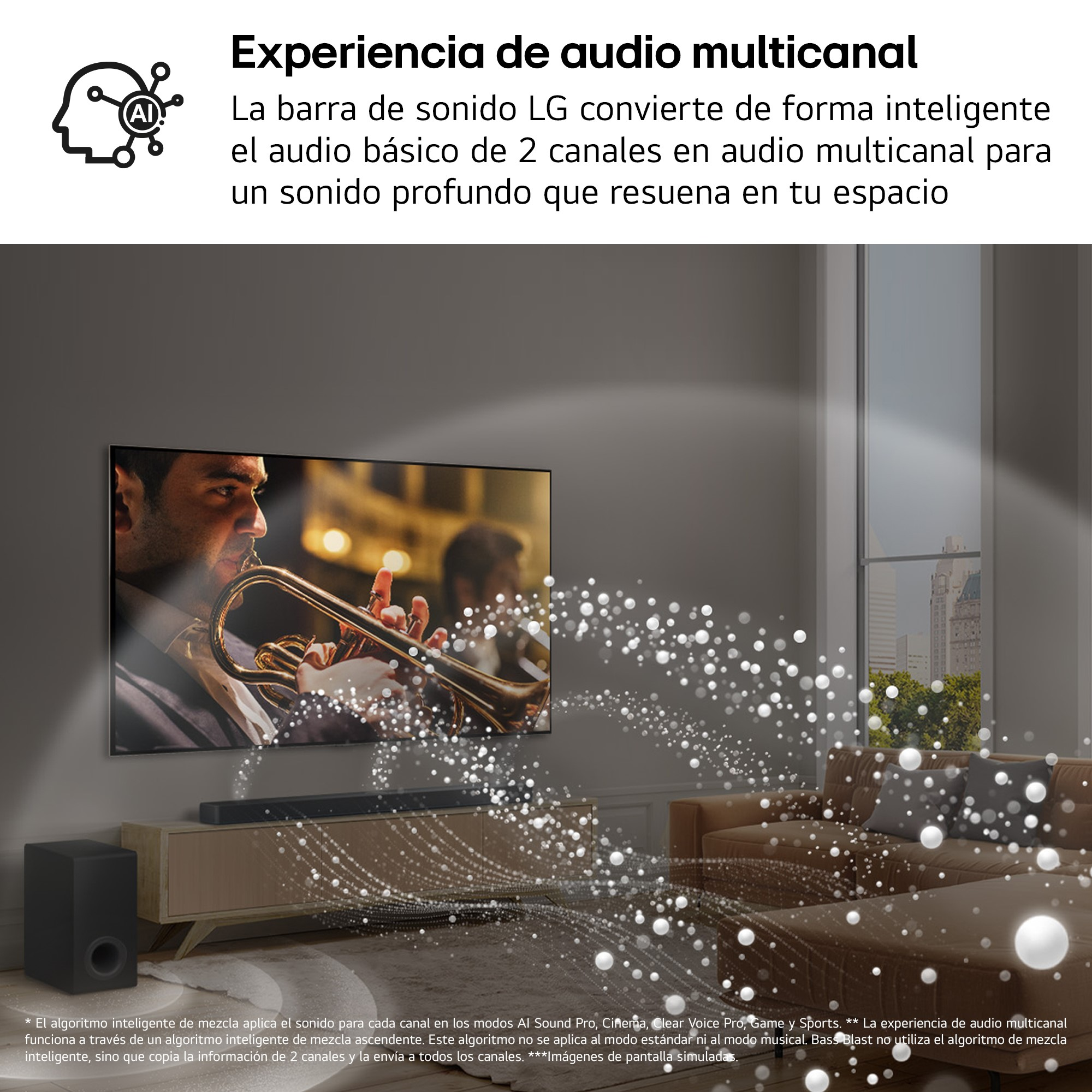 Una persona toca la trompeta en la televisión. Las ondas sonoras emanan de la barra de sonido.