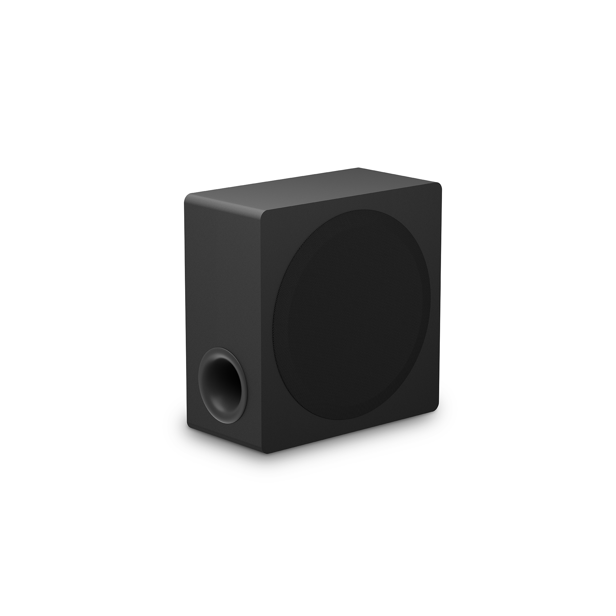 Subwoofer negro con un altavoz central y un puerto. Es una caja rectangular.