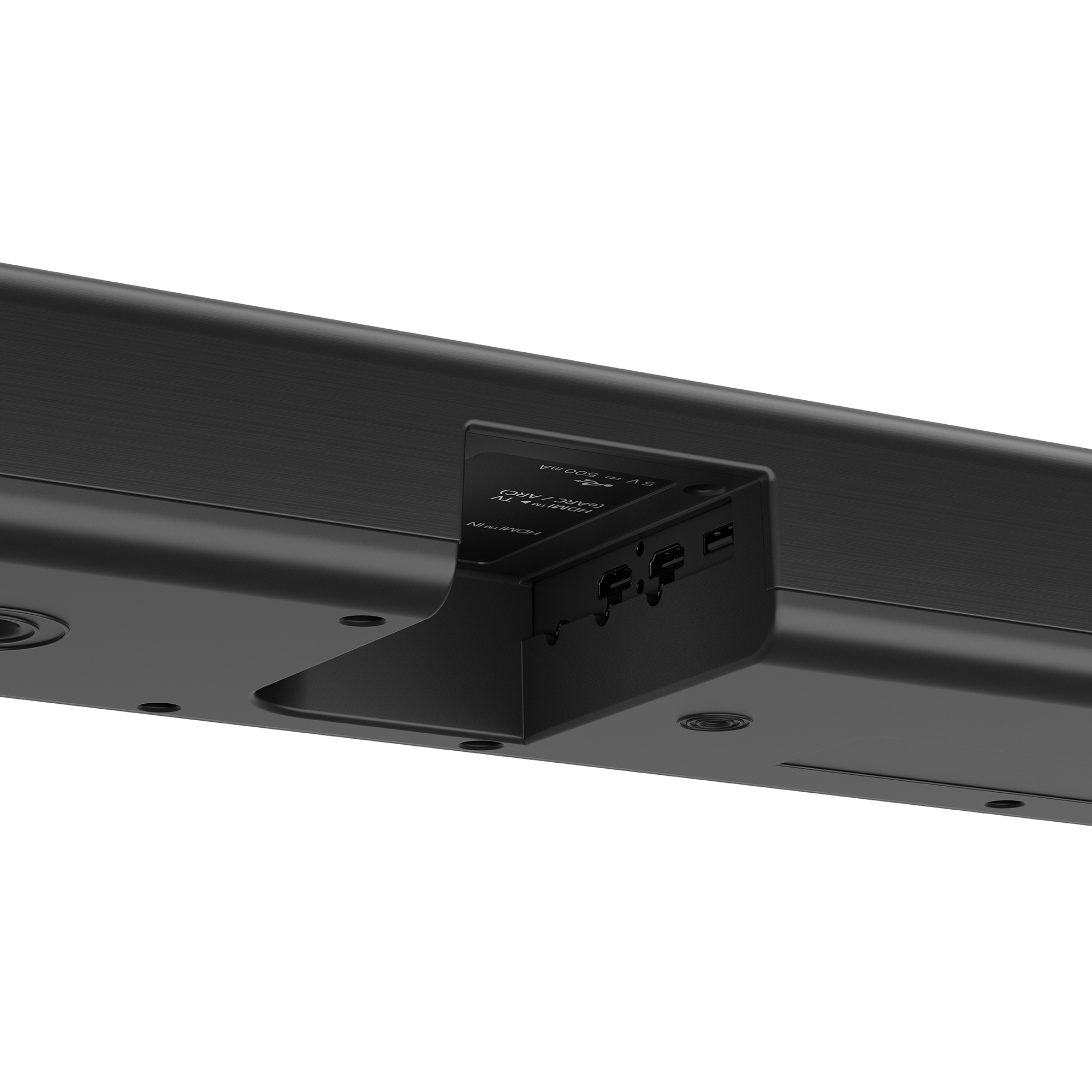 El panel trasero de una barra de sonido. Tiene varios puertos para conexiones.