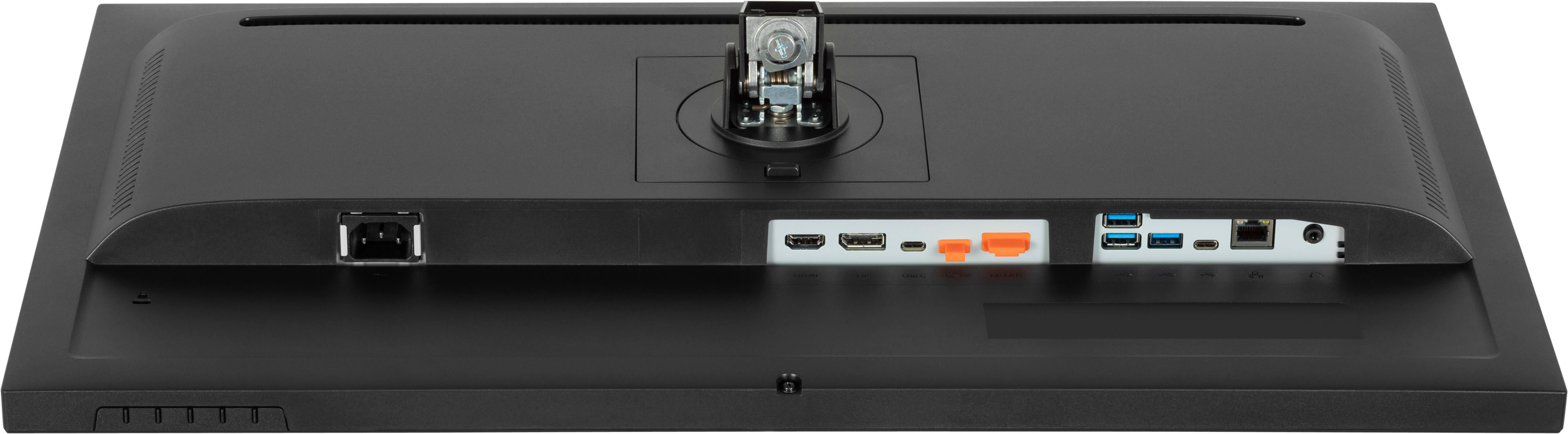 Rückseite eines schwarzen Monitors mit Anschlüssen und Stromeingang.