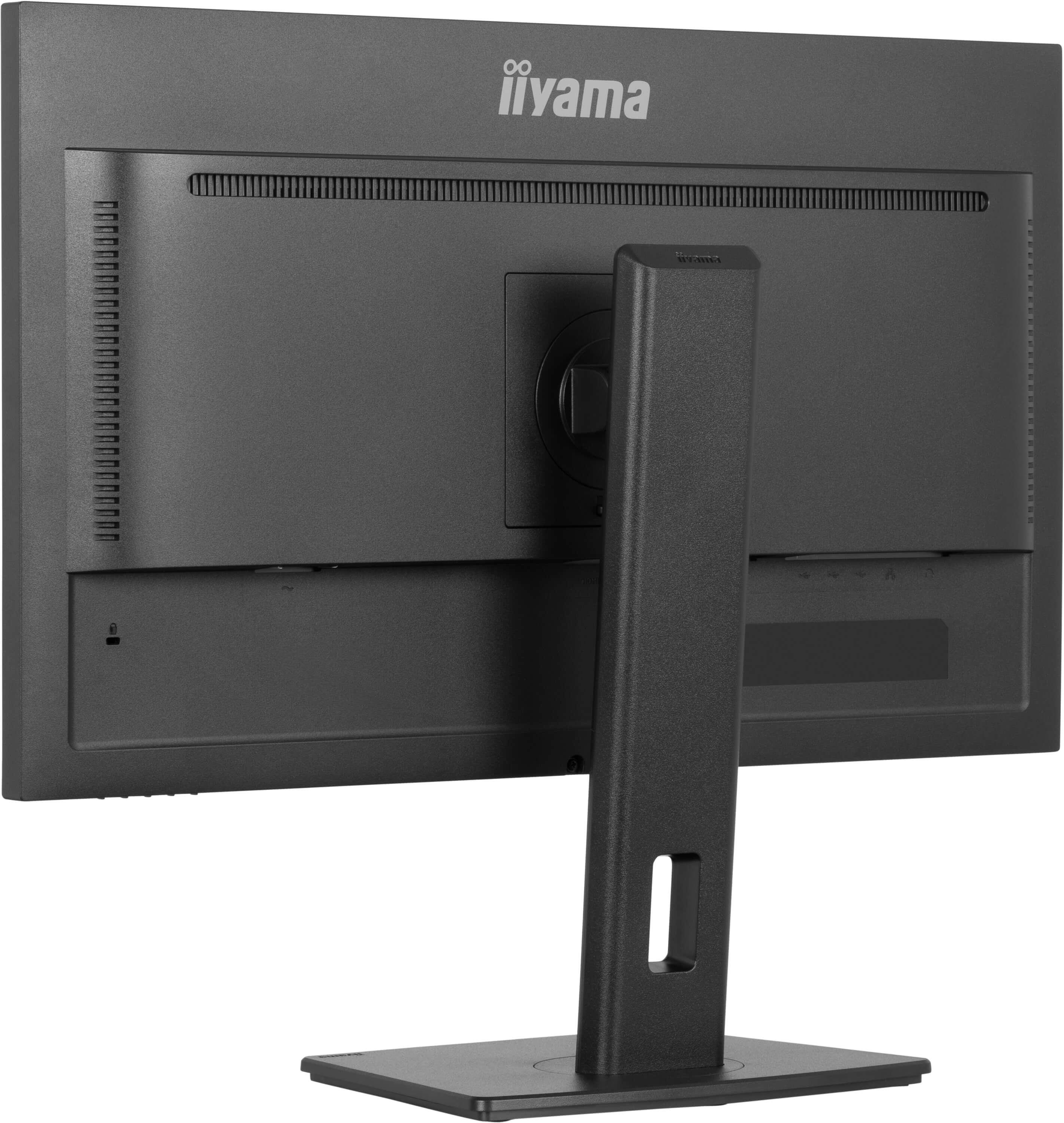 Rückansicht eines Monitors, zeigt Ständer, Anschlüsse und das Iiyama-Logo.
