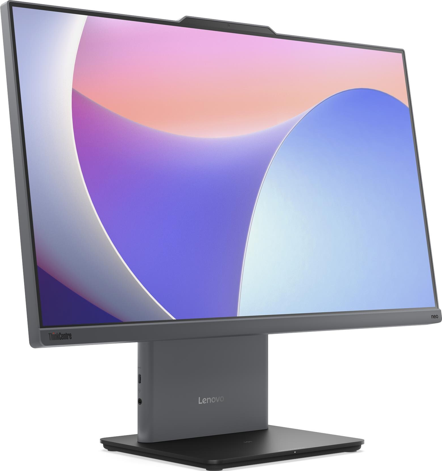 Lenovo ThinkCentre Neo All-in-One-Desktopcomputer mit gebogenem Bildschirm und Ständer.