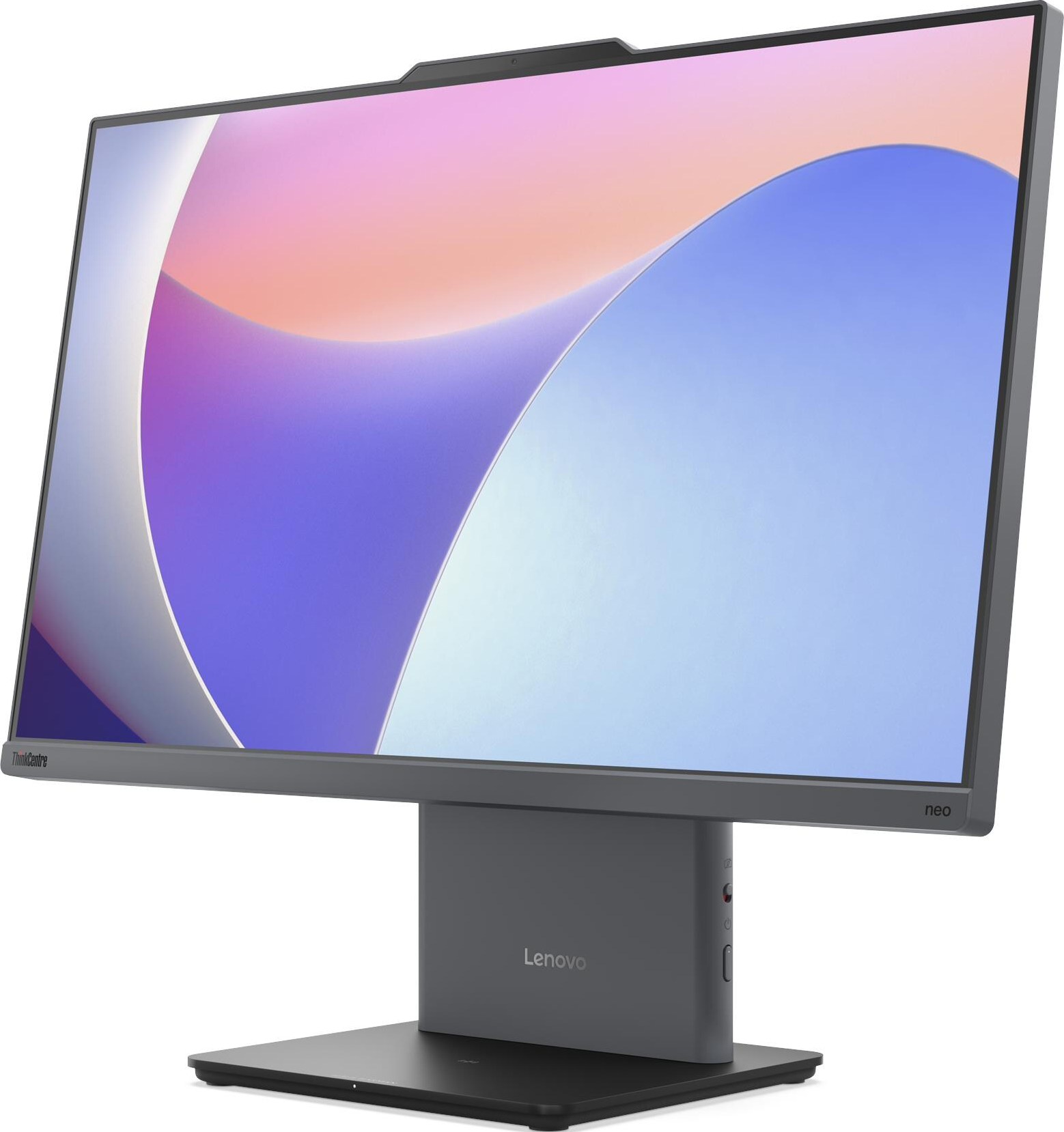 Lenovo ThinkCentre Neo All-in-One-Desktopcomputer mit gebogenem Bildschirm und Ständer.