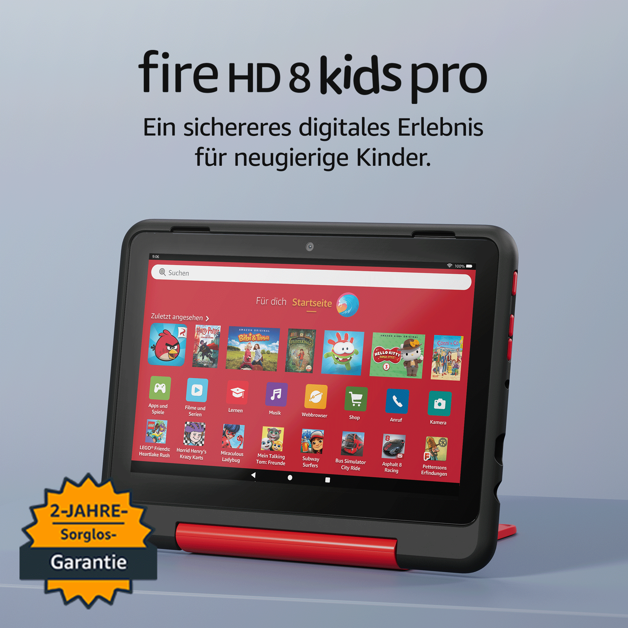Tablet auf rotem Ständer zeigt App-Symbole, mit Werbung. Der Hintergrund ist hellblau.