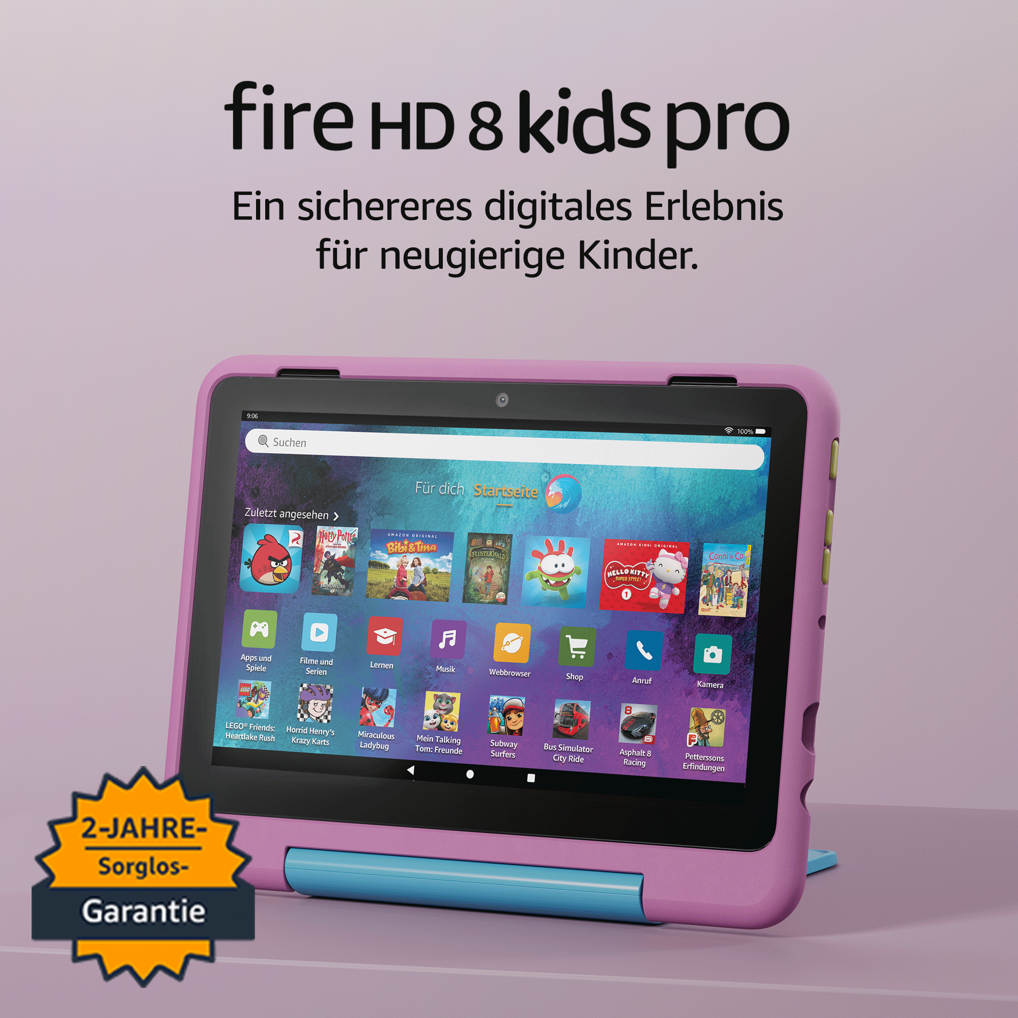 Rosa und blaues Tablet mit App-Symbolen, auf weißem Hintergrund, mit Text darüber.