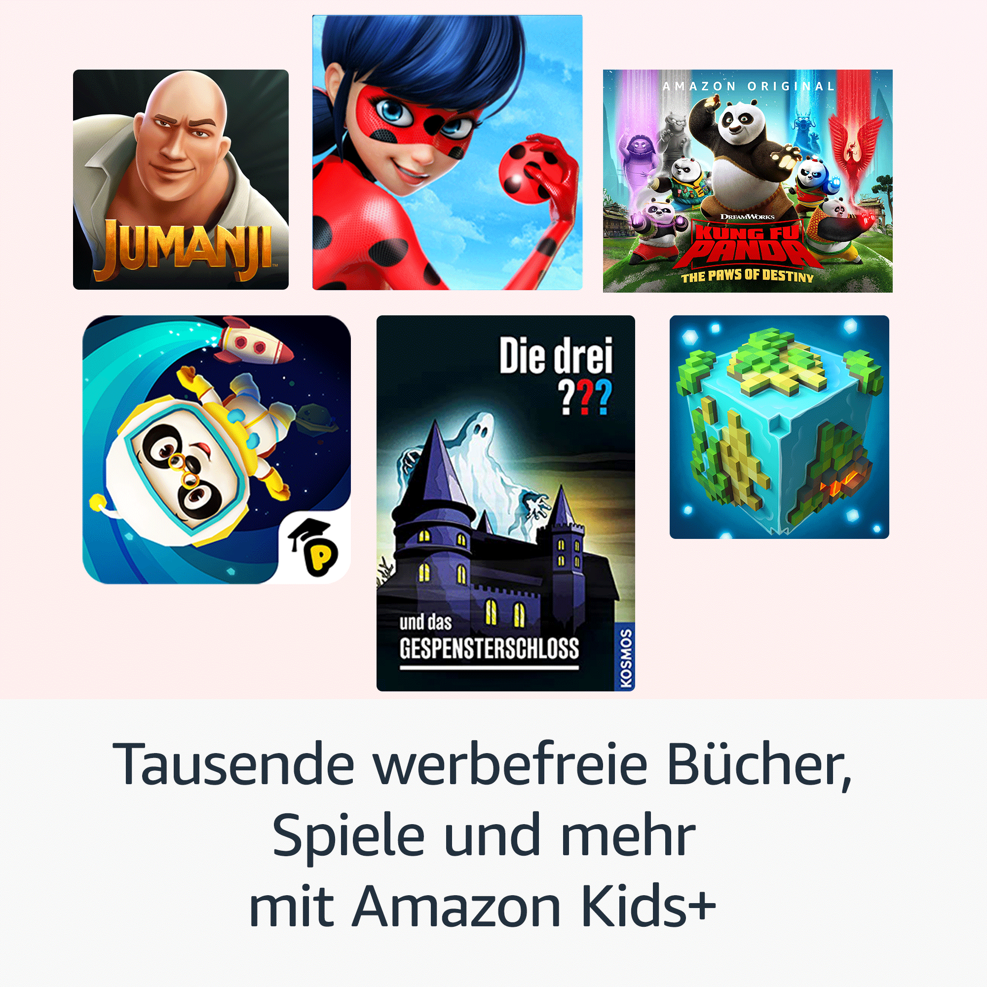 Eine Collage von App-Symbolen mit Jumanji, Miraculous, Kung Fu Panda und mehr.