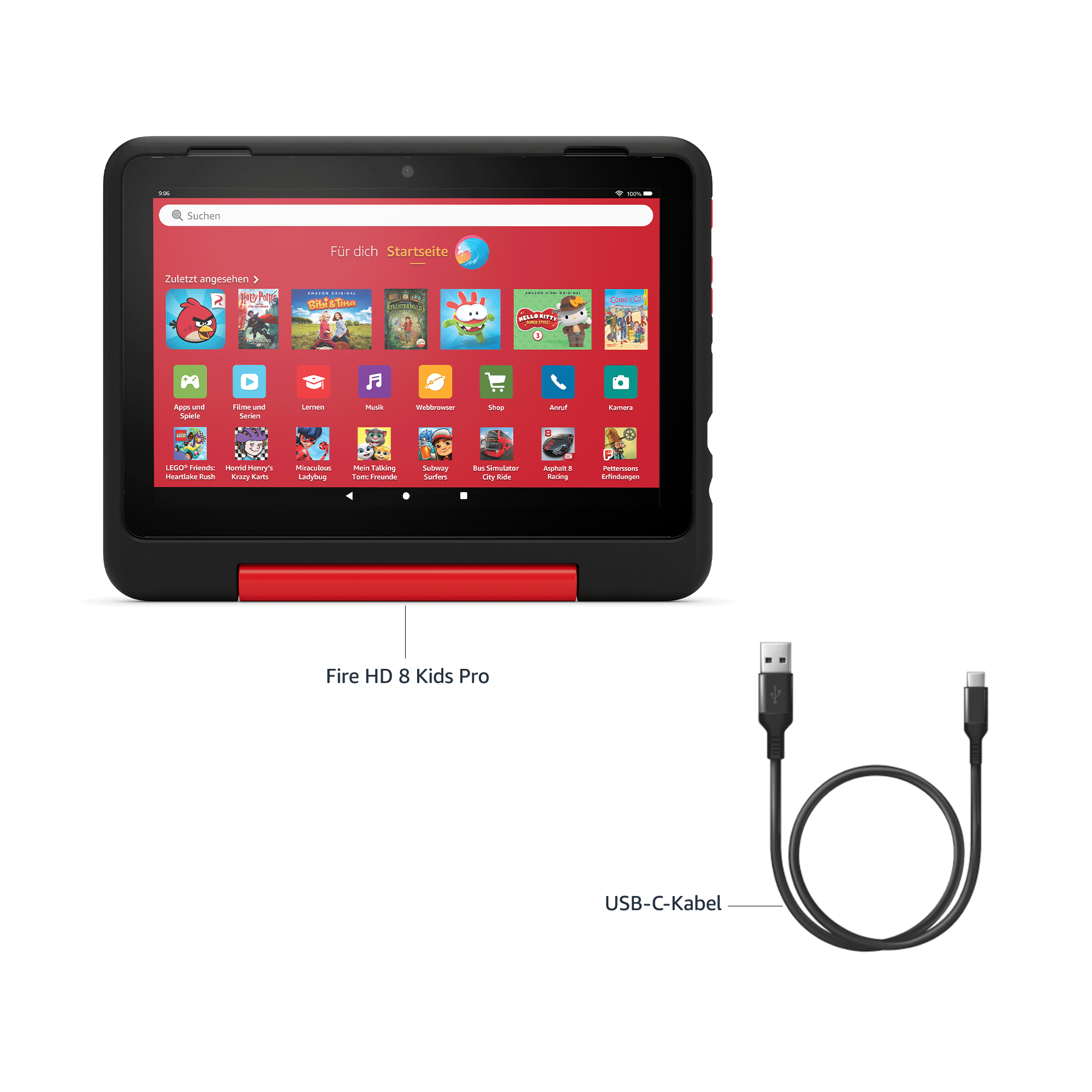 Schwarzes und rotes Tablet zeigt App-Symbole, mit Text und einem USB-C-Kabel.