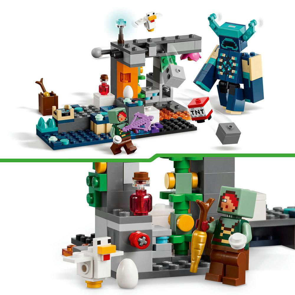 Zwei Bilder von LEGO Minecraft Sets. Figuren, Wächter, Strukturen mit TNT und Blöcken.