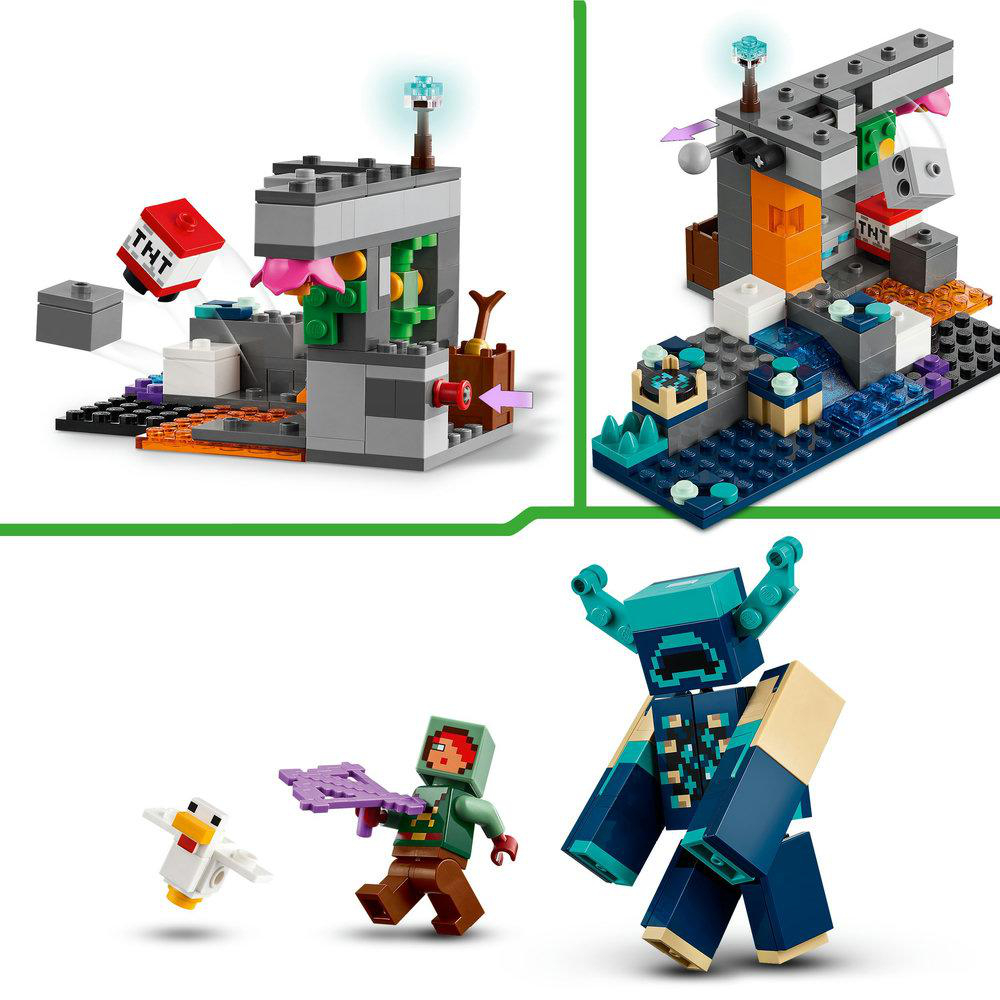 Drei Bilder von LEGO Minecraft Sets. Figuren, Wächter, Strukturen mit TNT und Blöcken.